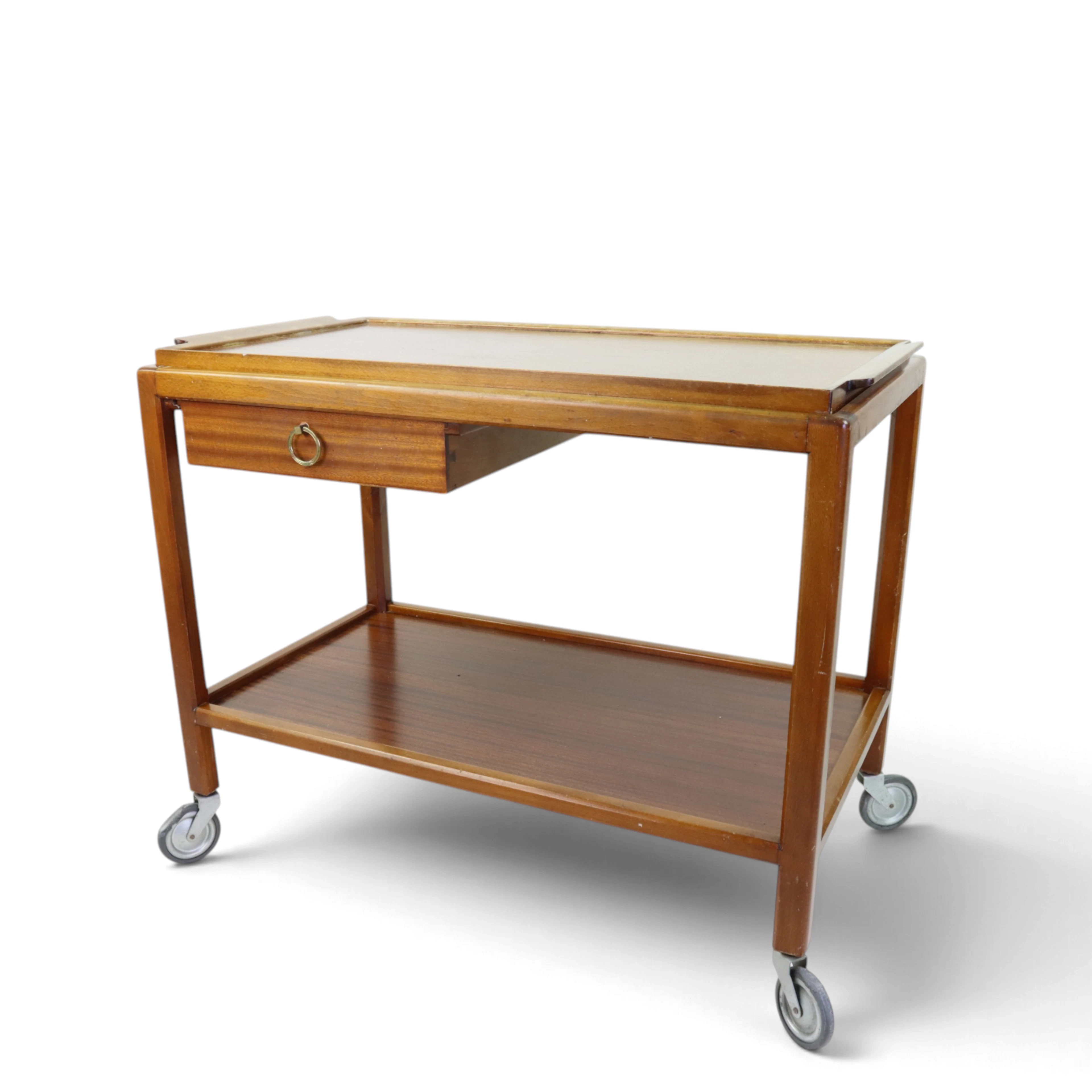 SERVERINGSVAGN med bricka och låda, hjul, glas, teak, 1900-talets andra hälft.
