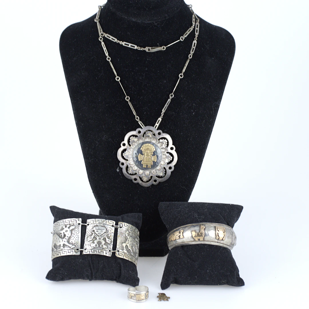 ARMBAND, HALSBAND och RING, 5 delar, silver och guld 18k. inkamönster