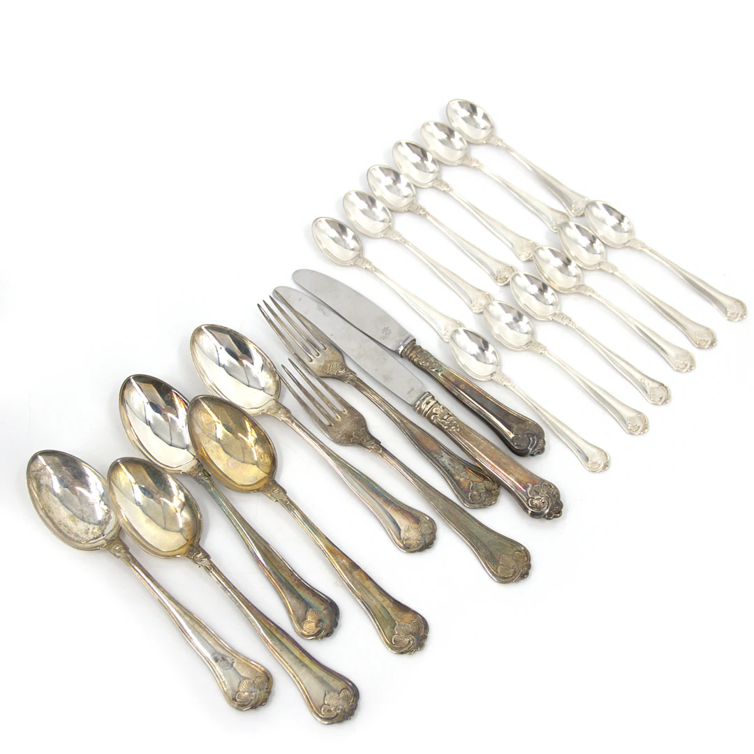 MATBESTICK och KAFFESKEDAR, 21 delar, "Sachsisk", silver, Cohr, importstämplat