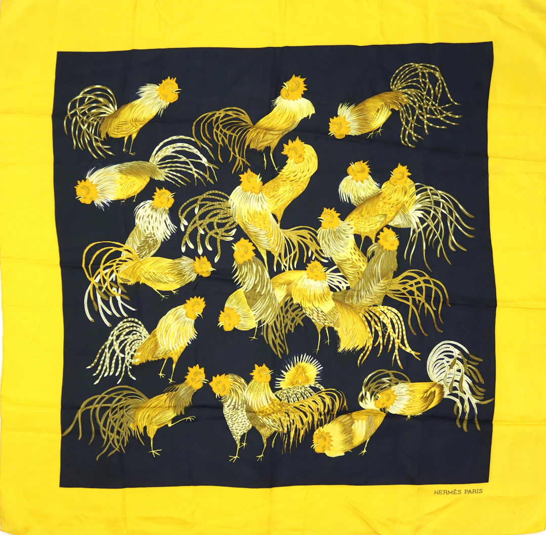 HERMÈS, scarf, siden, "Les Coqs", design av Madame La Torre, 1964.
