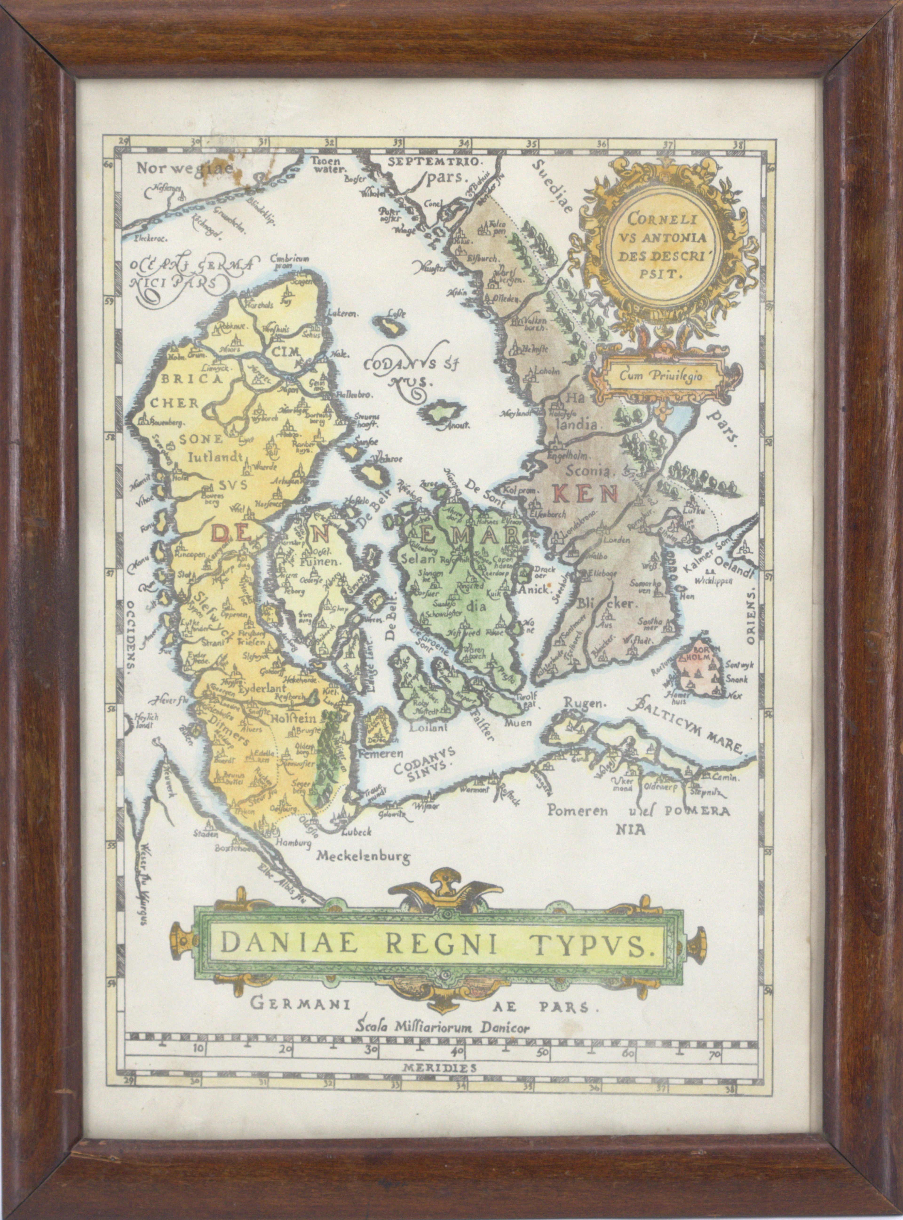 KARTA, kolorerat kopparstick, Daniae Regni Typvs, 1800-tal.