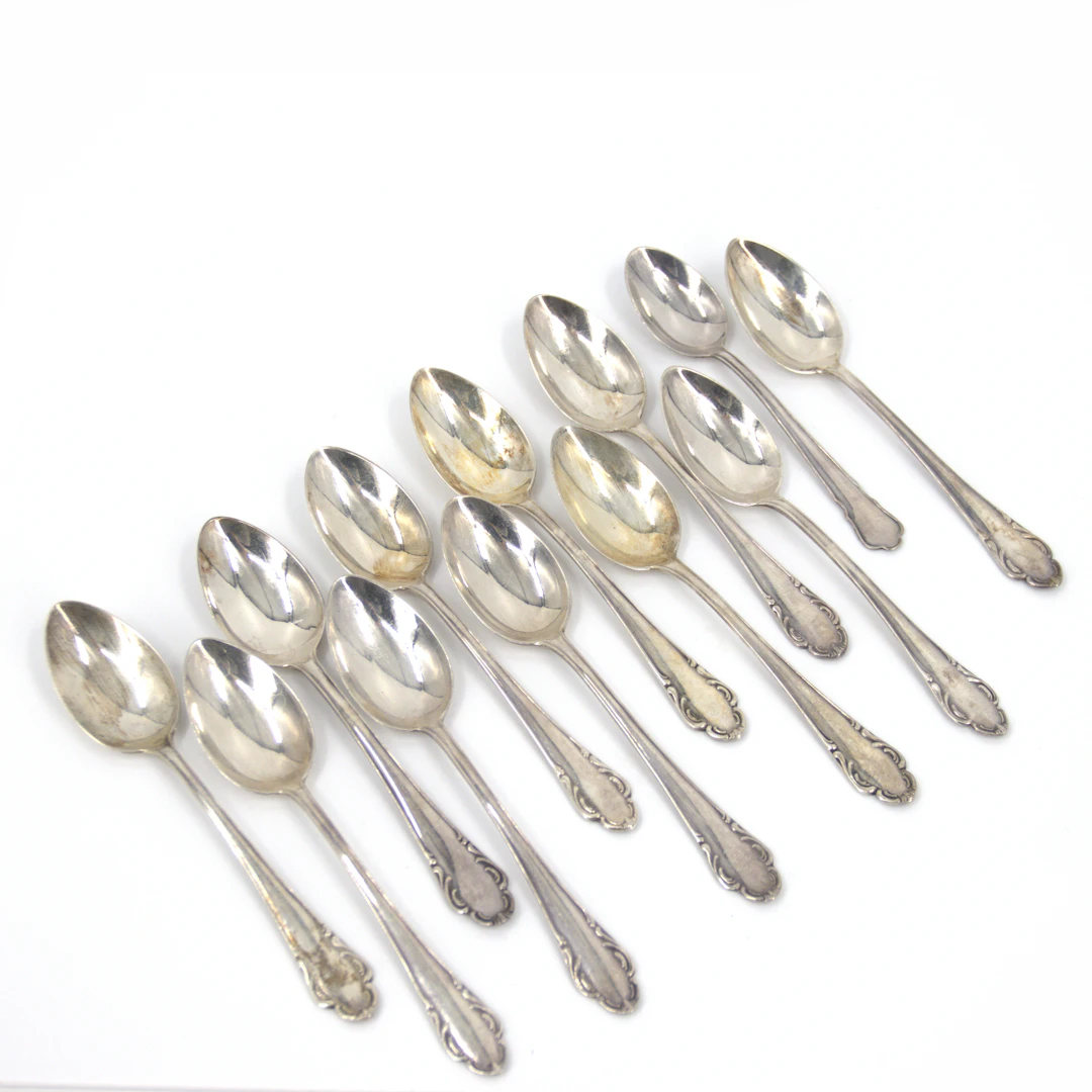 KAFFESKEDAR 11+1 st. "Haga" resp. "Disa", silver, 1950-tal.