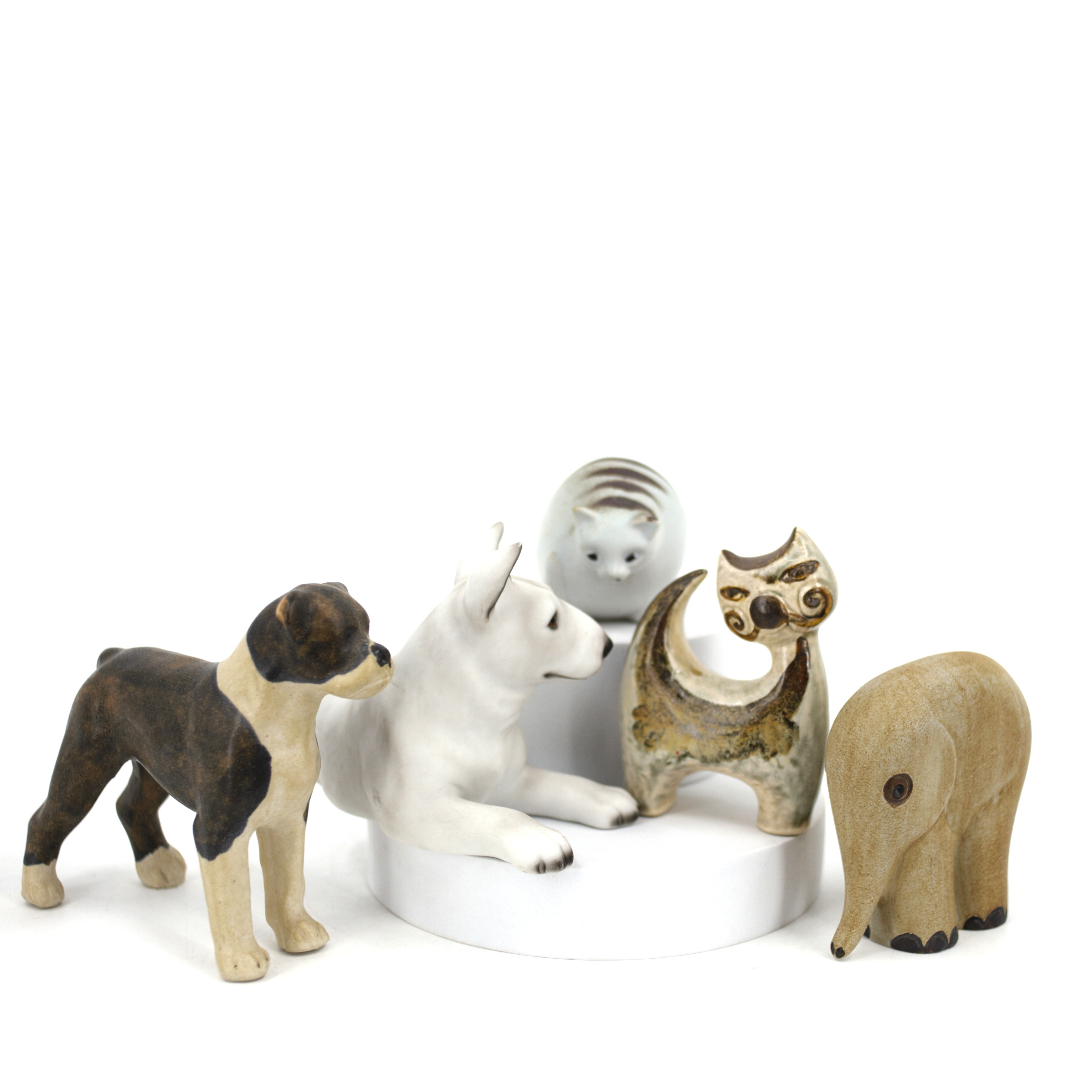 FIGURINER, 5 st. hundar, katter och elefant, glaserat stengods, delvis