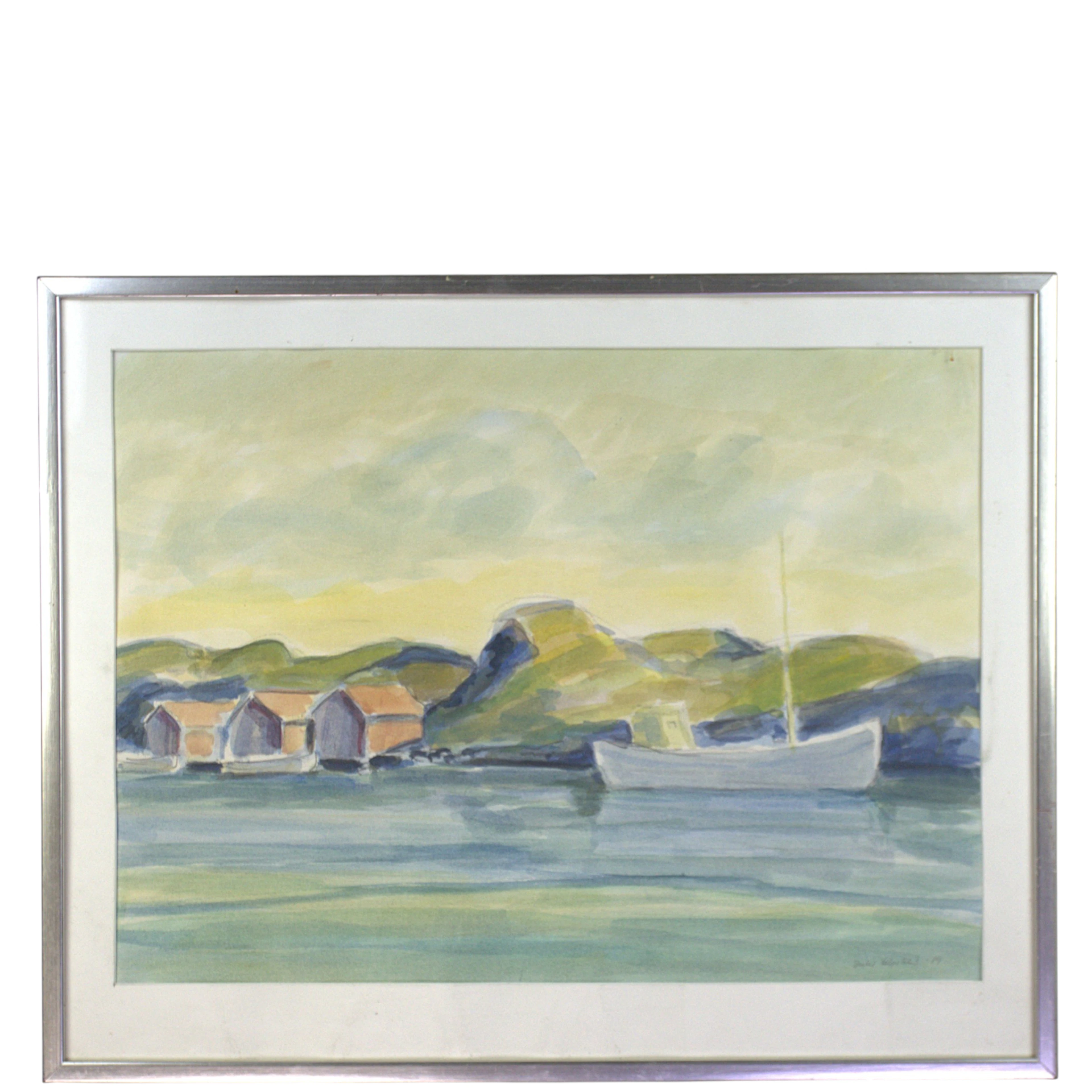 BERTIL LILJEBLAD. Blandteknik på papper, strandbild med hus och båt, signerad.
