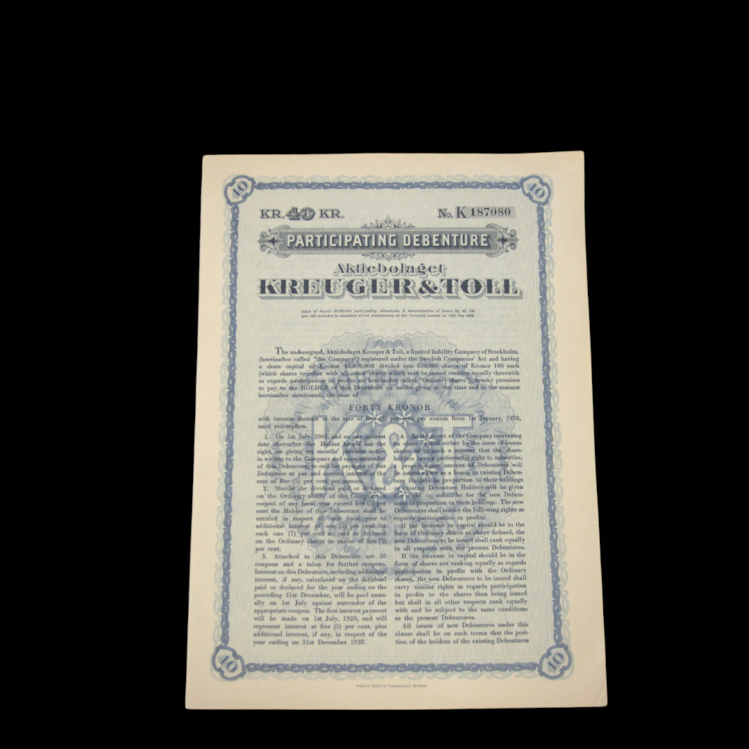 AKTIEBREV, 40 kr, nr 187080, Aktiebolaget Kreuger & Toll.