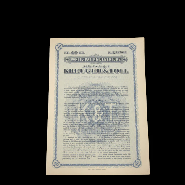 AKTIEBREV, 40 kr, nr 187080, Aktiebolaget Kreuger & Toll.