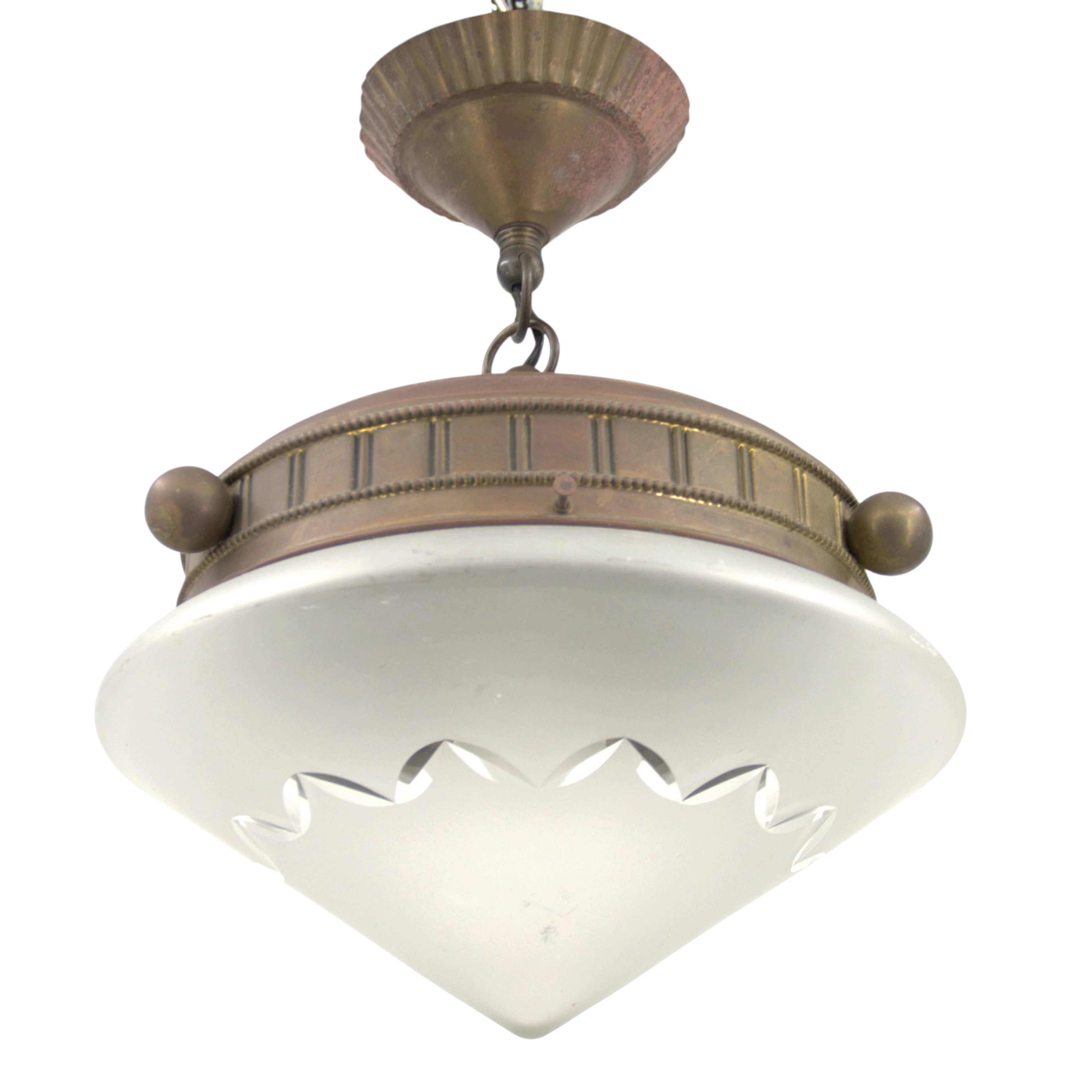 TAKLAMPA, koppar, kupa av opakt glas med slipad dekor, 1900-tal.