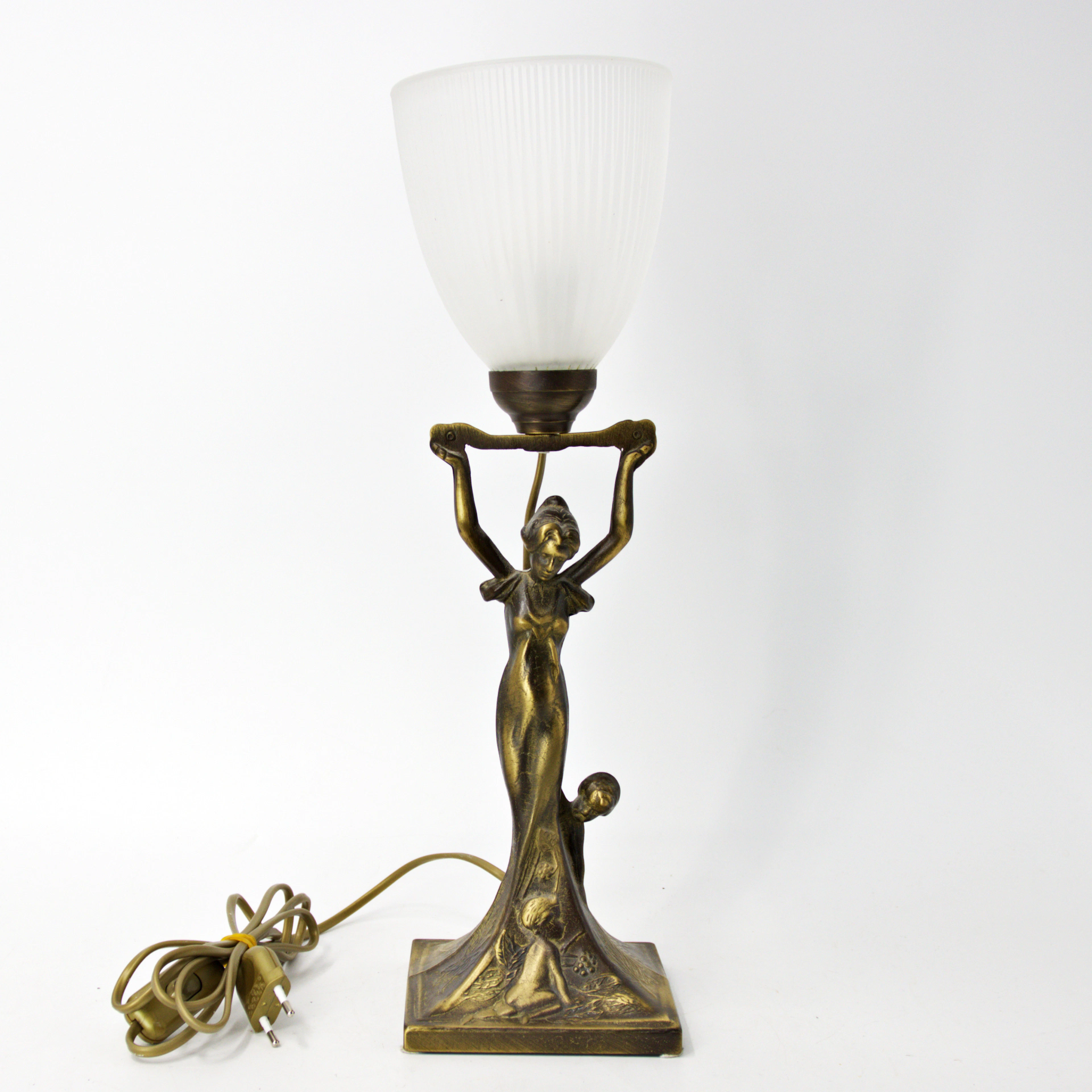 BORDSLAMPA, Art déco stil, mässing, frostat glas med räfflad dekor
