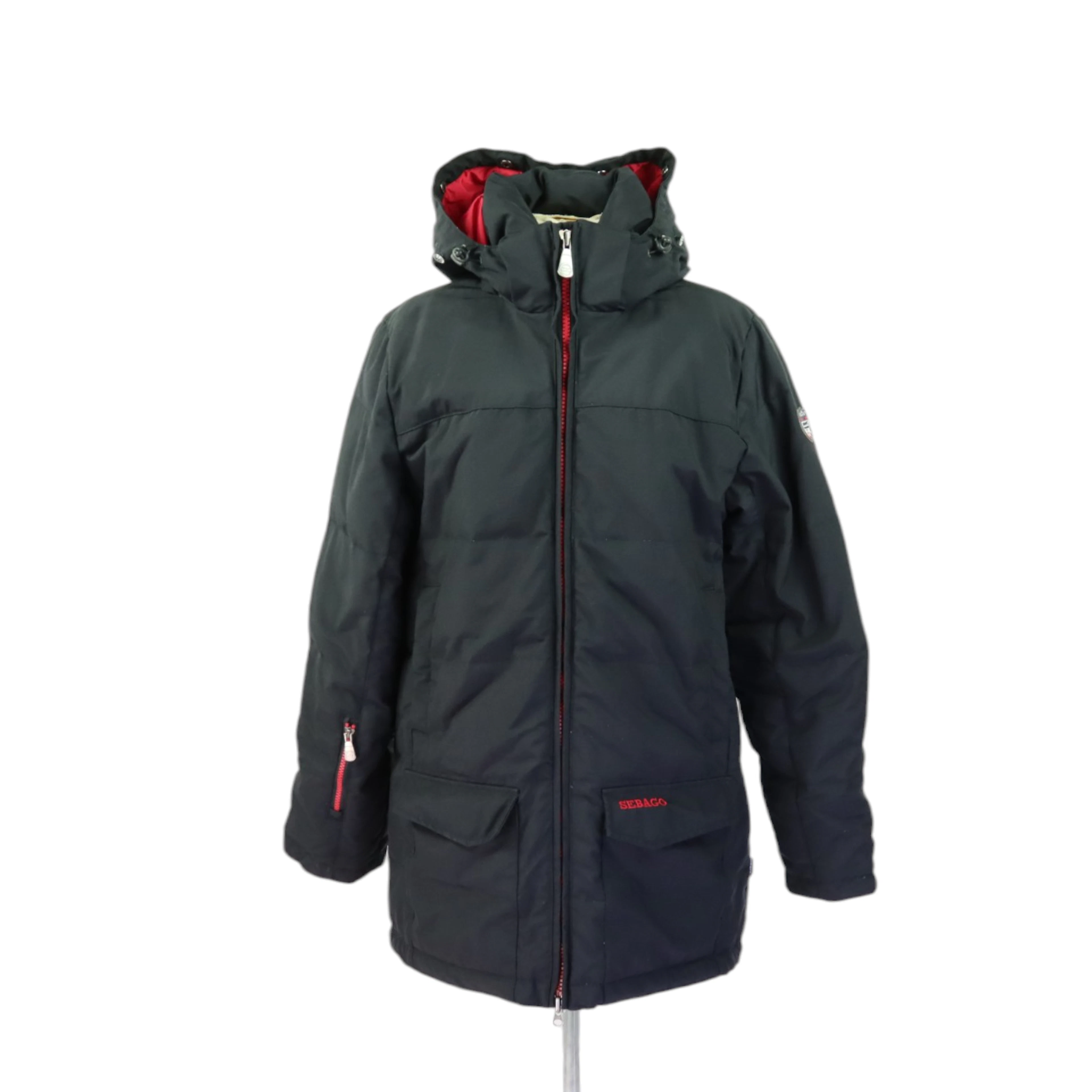 PARKAS, märkt stl M, svart med rött foder, dun/fjäderfyllning, Sebago, USA.