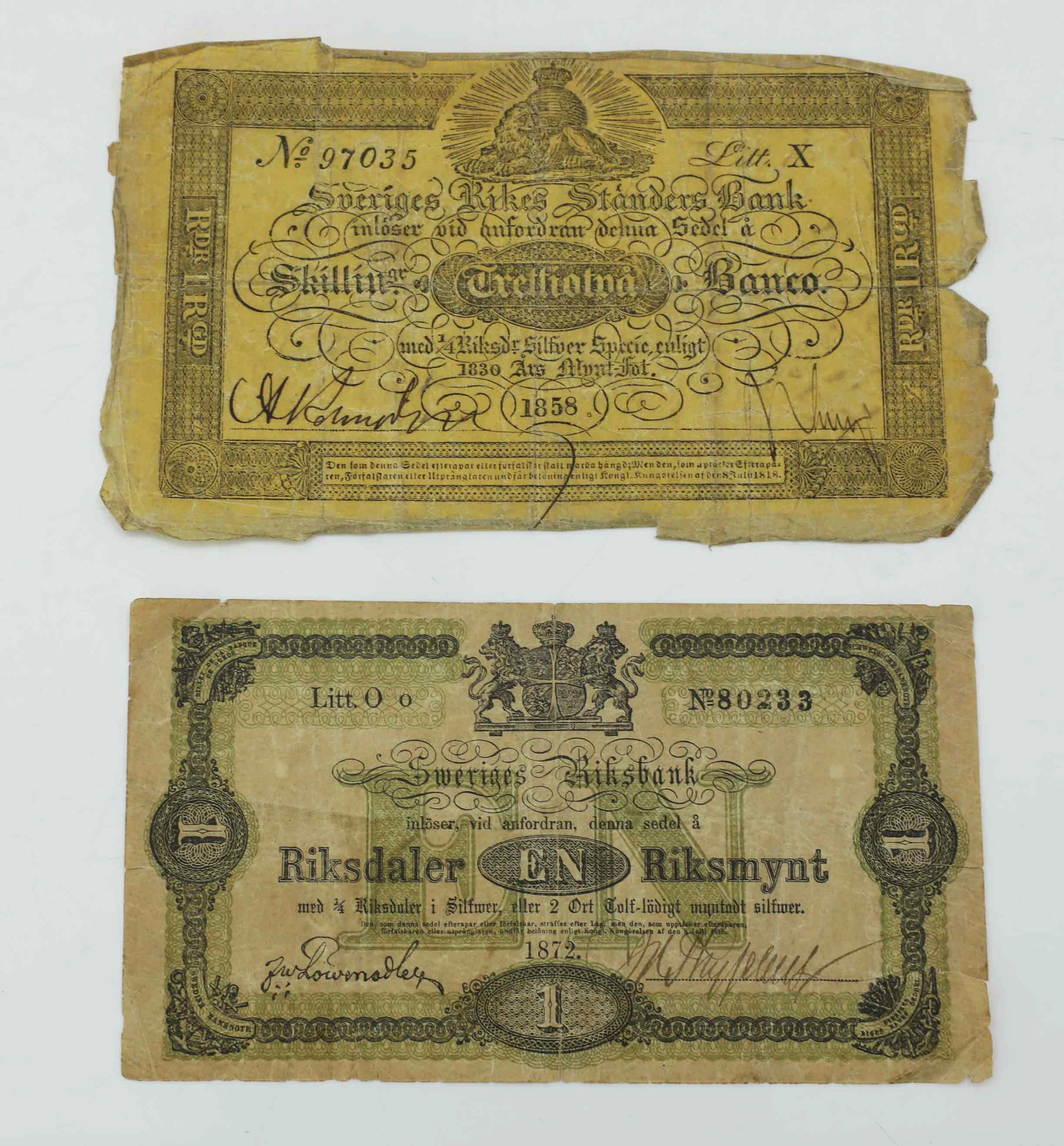 SEDLAR, 2 st, 32 skilling banco, 1858, 1 riksdaler, 1872, Sverige.