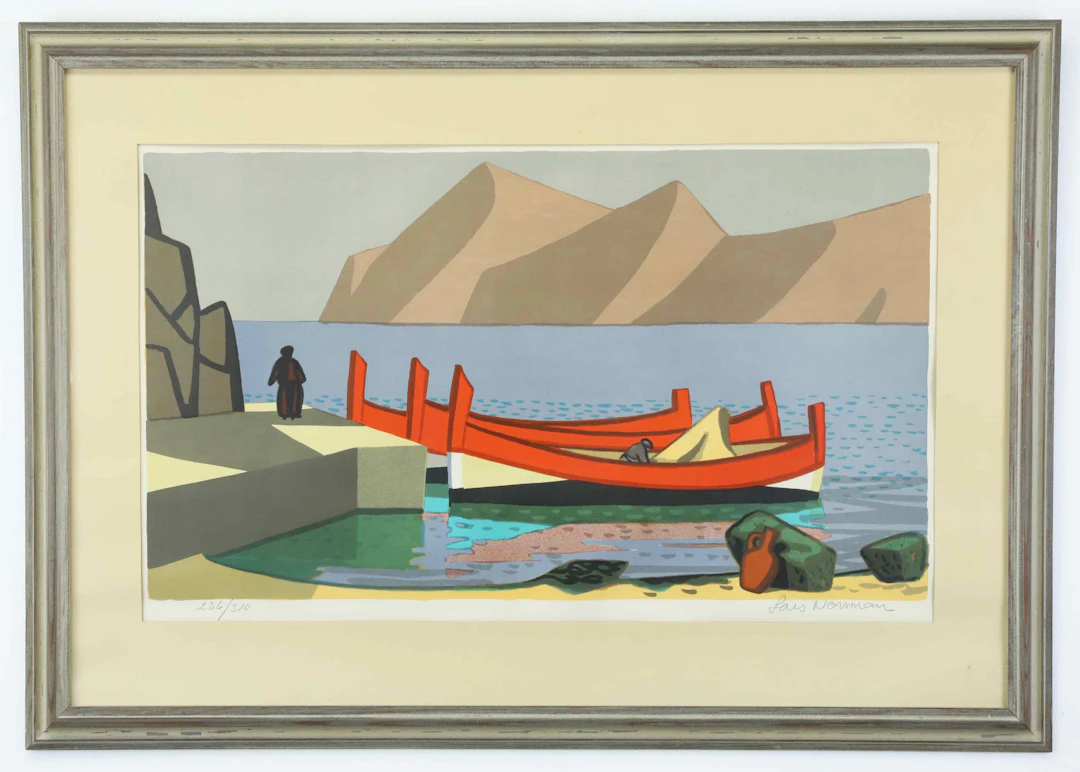 LARS NORRMAN. Litografi, Röda båtar, signerad, numerad 236 av 310.