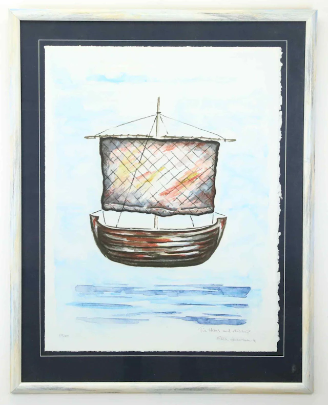 GÖSTA LINDERHOLM. Litografi, svävande båt, numrerad 119/200, daterad