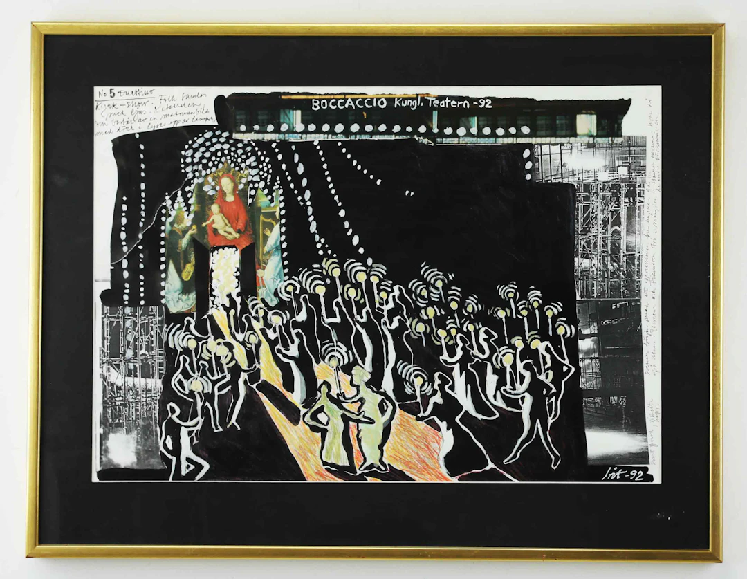 LARS-ÅKE THESSMAN (1947-). Blandteknik med collage, från föreställningen