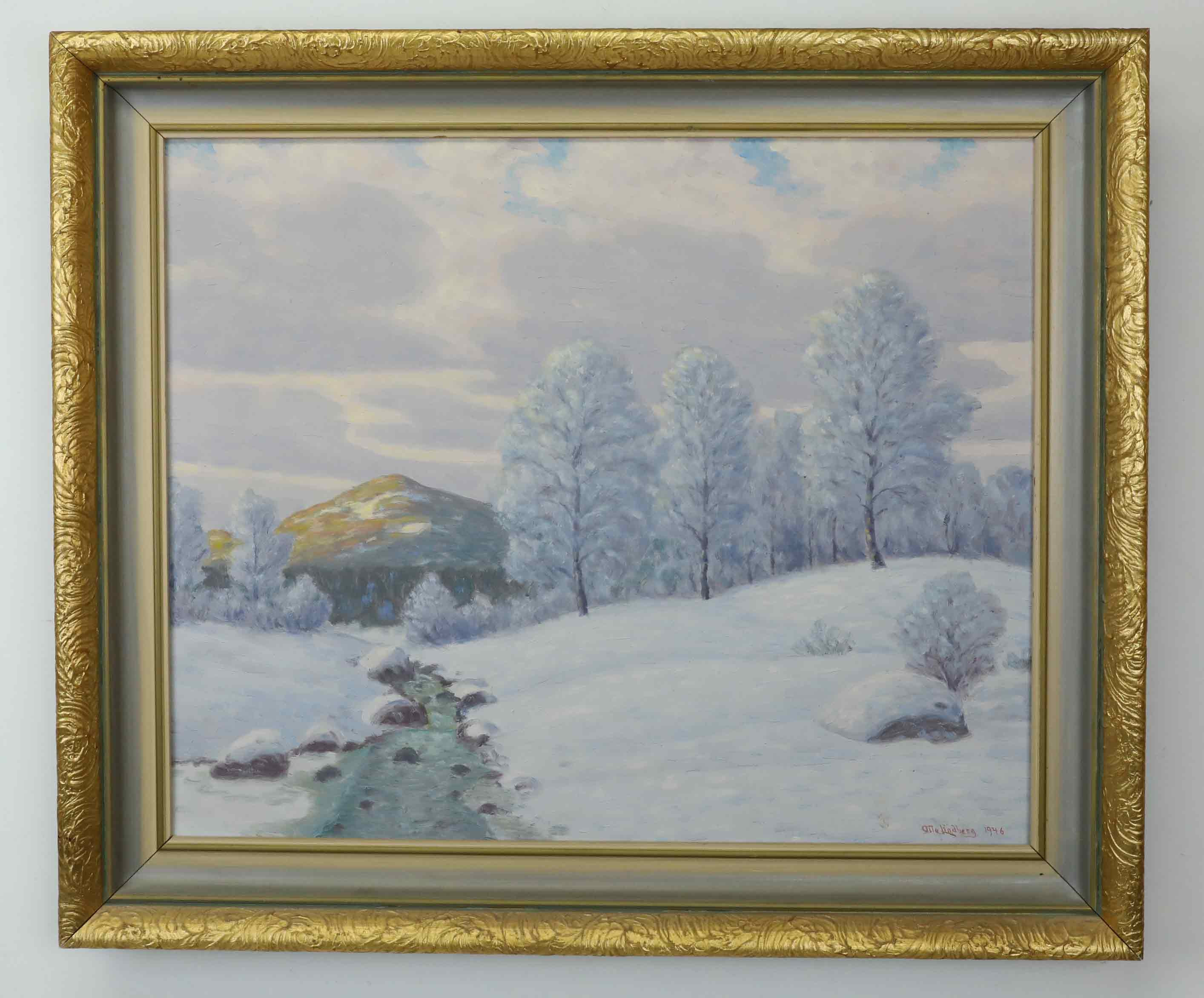 OTTO LINDBERG (SVERIGE 1880-1955). olja på duk, vinterlandskap, bäck
