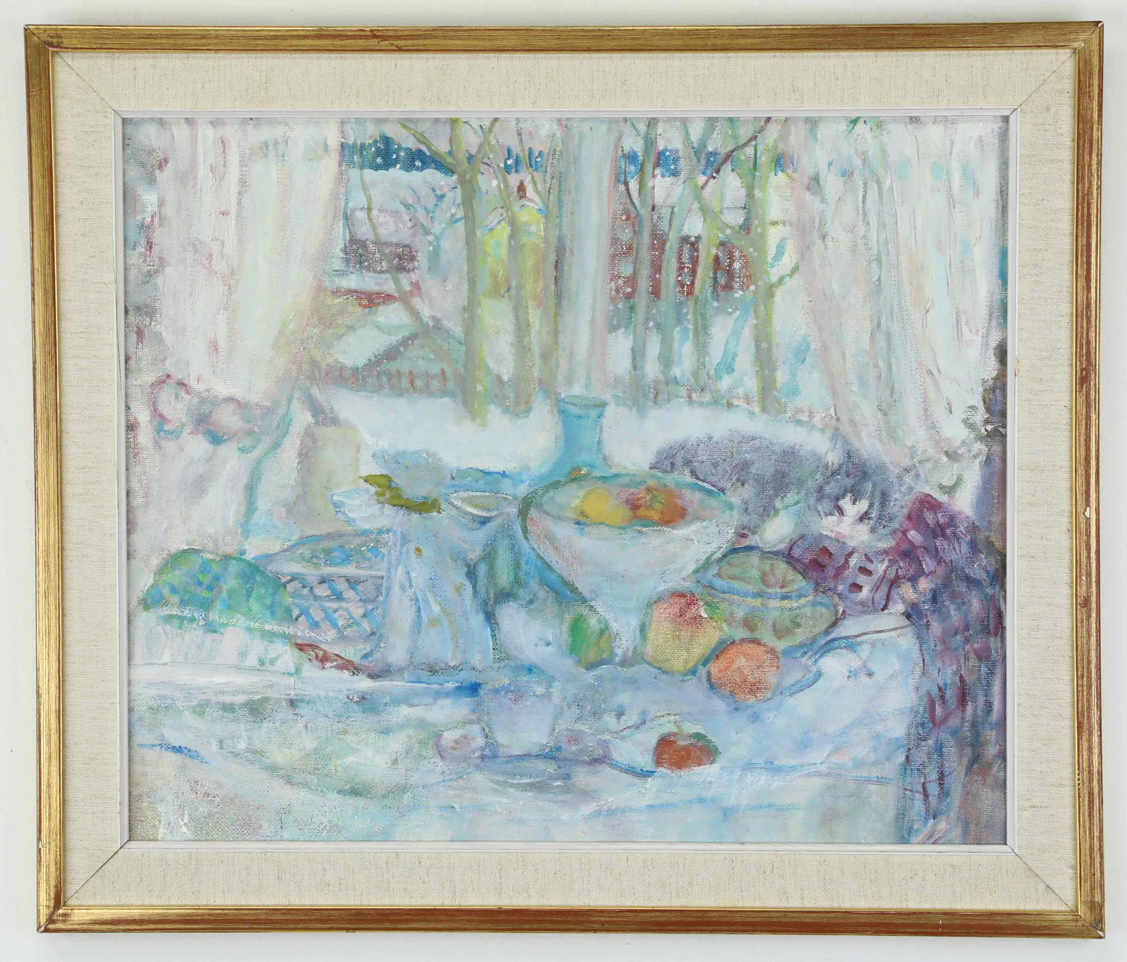 RUNE PERSSON (1910-1969). Olja på duk, Interiör, äpplen, osignerad.