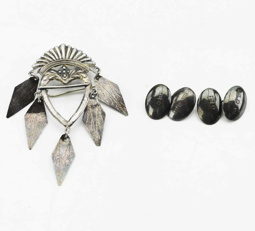 LÖVSPÄNNE & MANCHETTKNAPPAR, silver, J.A.Öberg, Hudiksvall, 1930-tal.