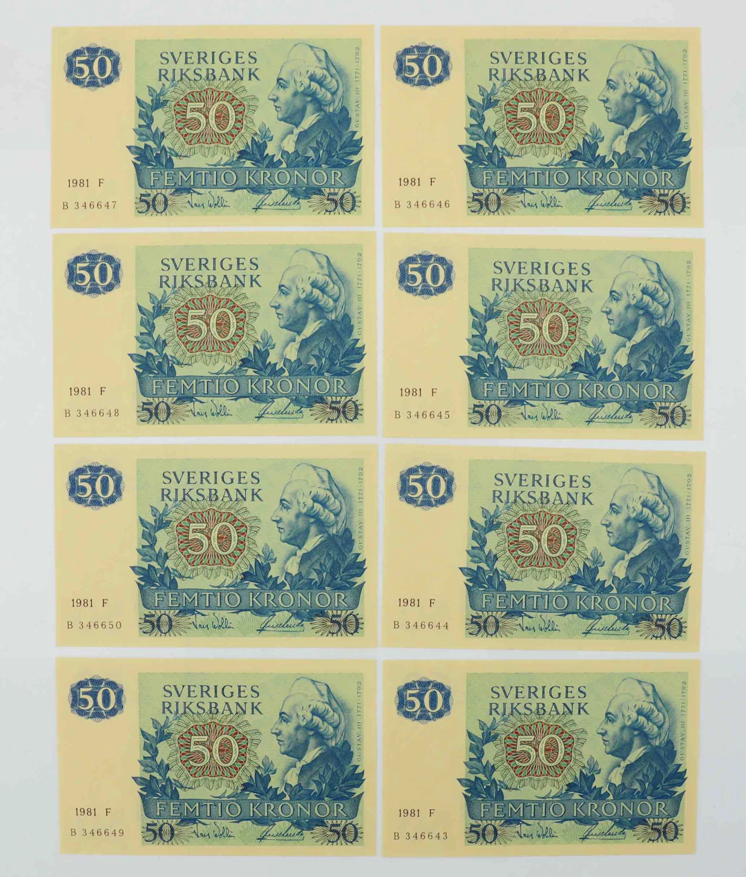 SEDLAR, 8 st, 50kr, 1981 F, en serie, Sverige.