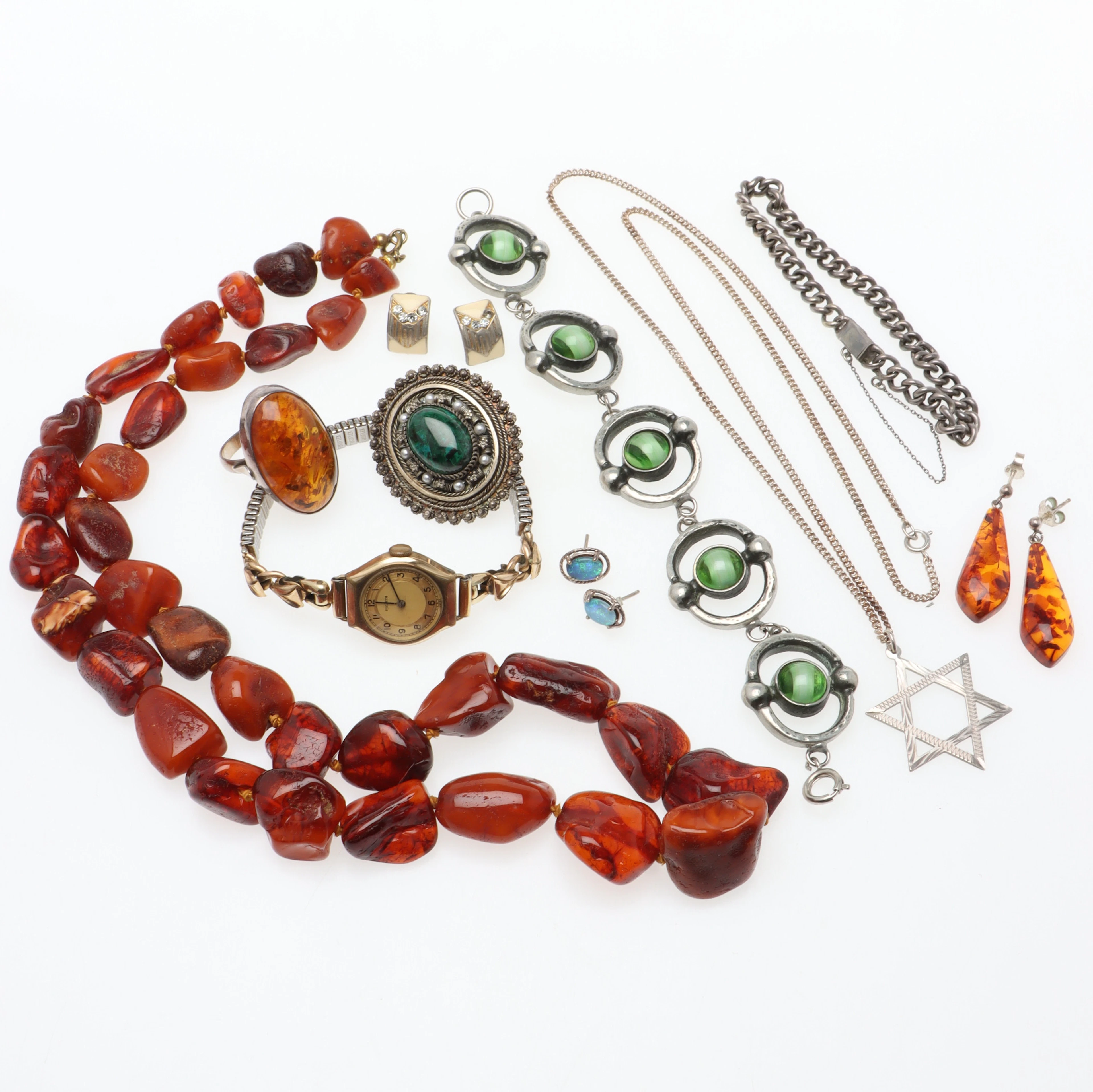 SMYCKEN & ARMBANDSUR, 10 st, bl.a. silver & bärnsten.