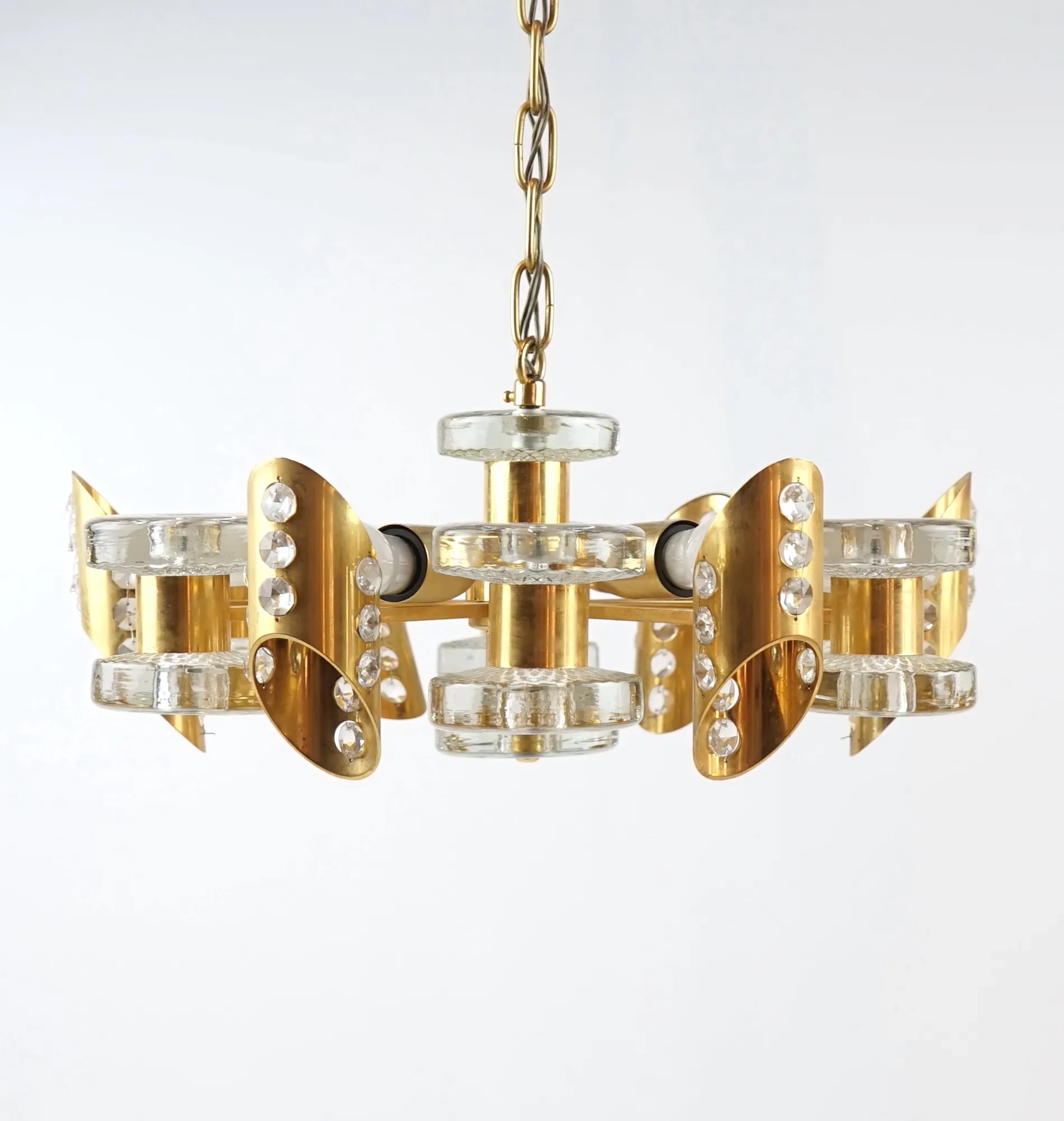 Kronleuchter, 6 Lichtpunkte, Glas/Messing.