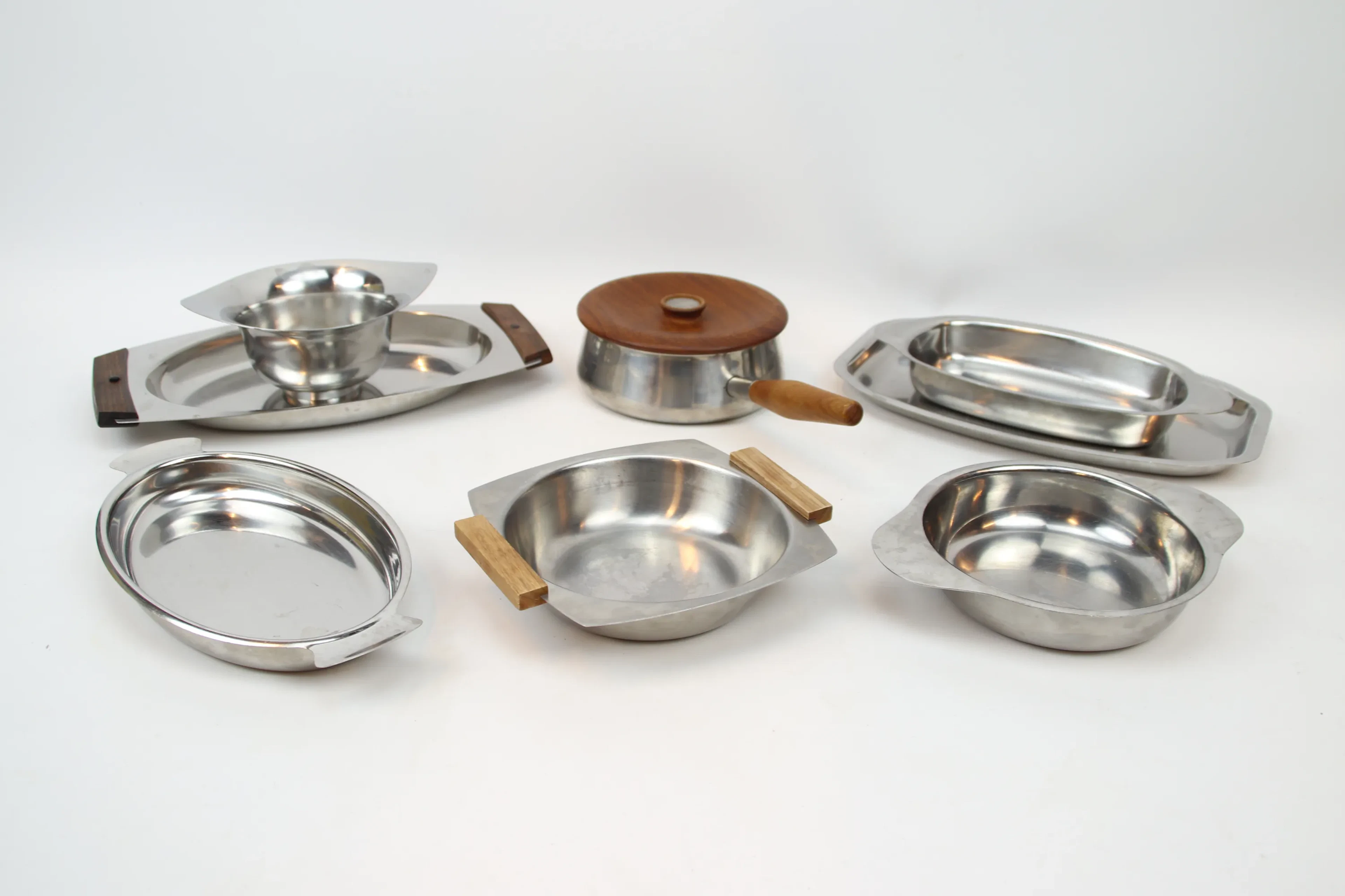 Rostfritt, 8 delar, bl.a kastrull, rostfritt/teak, Gunnar Ander, Ystad Metall.