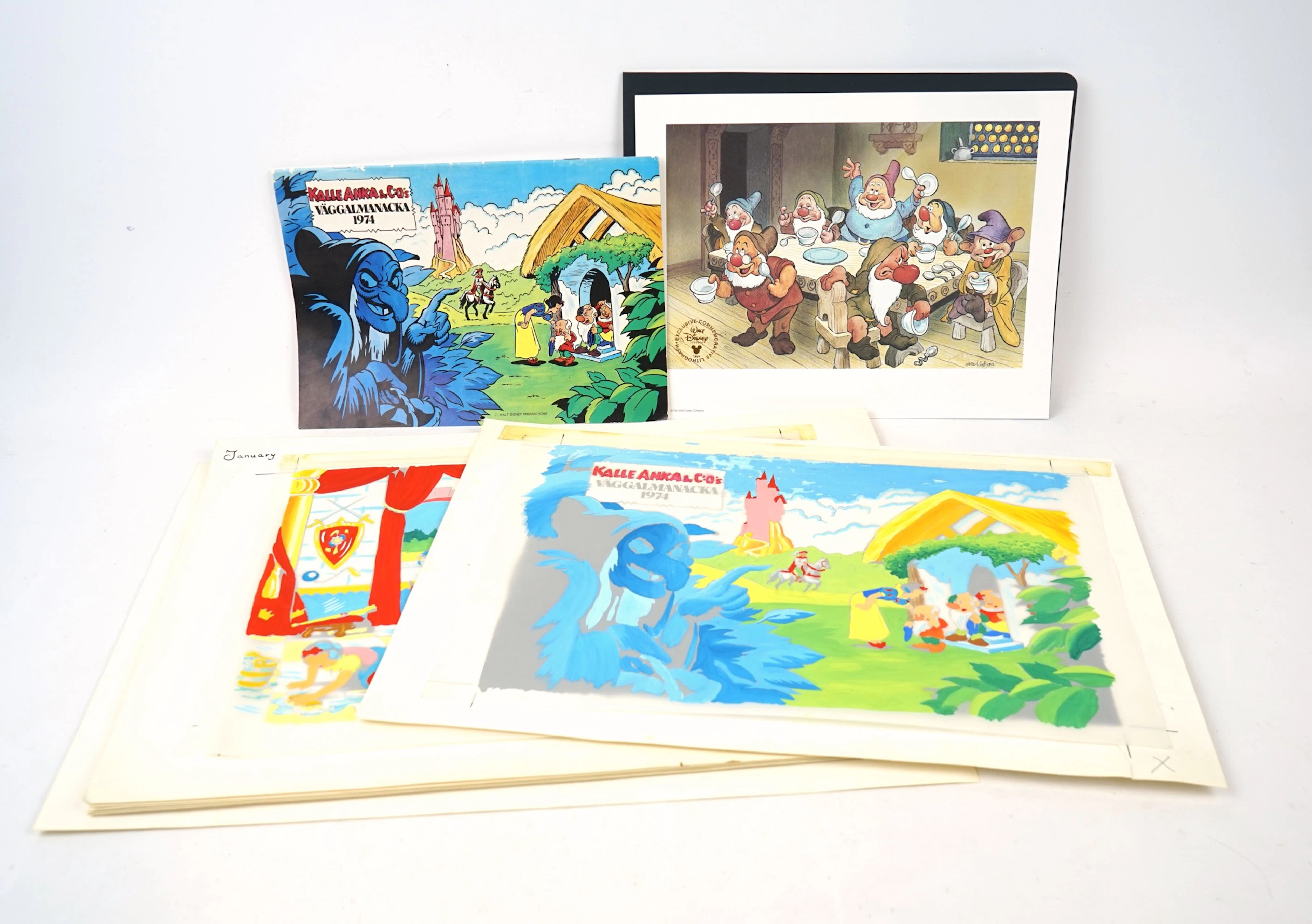 Disney, calendario de pared y pinturas originales que lo acompañan, así como grabados