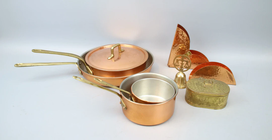 Frying pans and pots, etc., 8 pieces, copper, brass, Copral, Portugal.