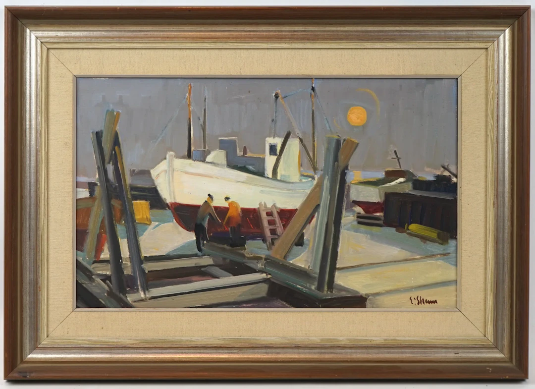 Eskil Skans, ''Evening in Harbour'', oil on panel, signed.