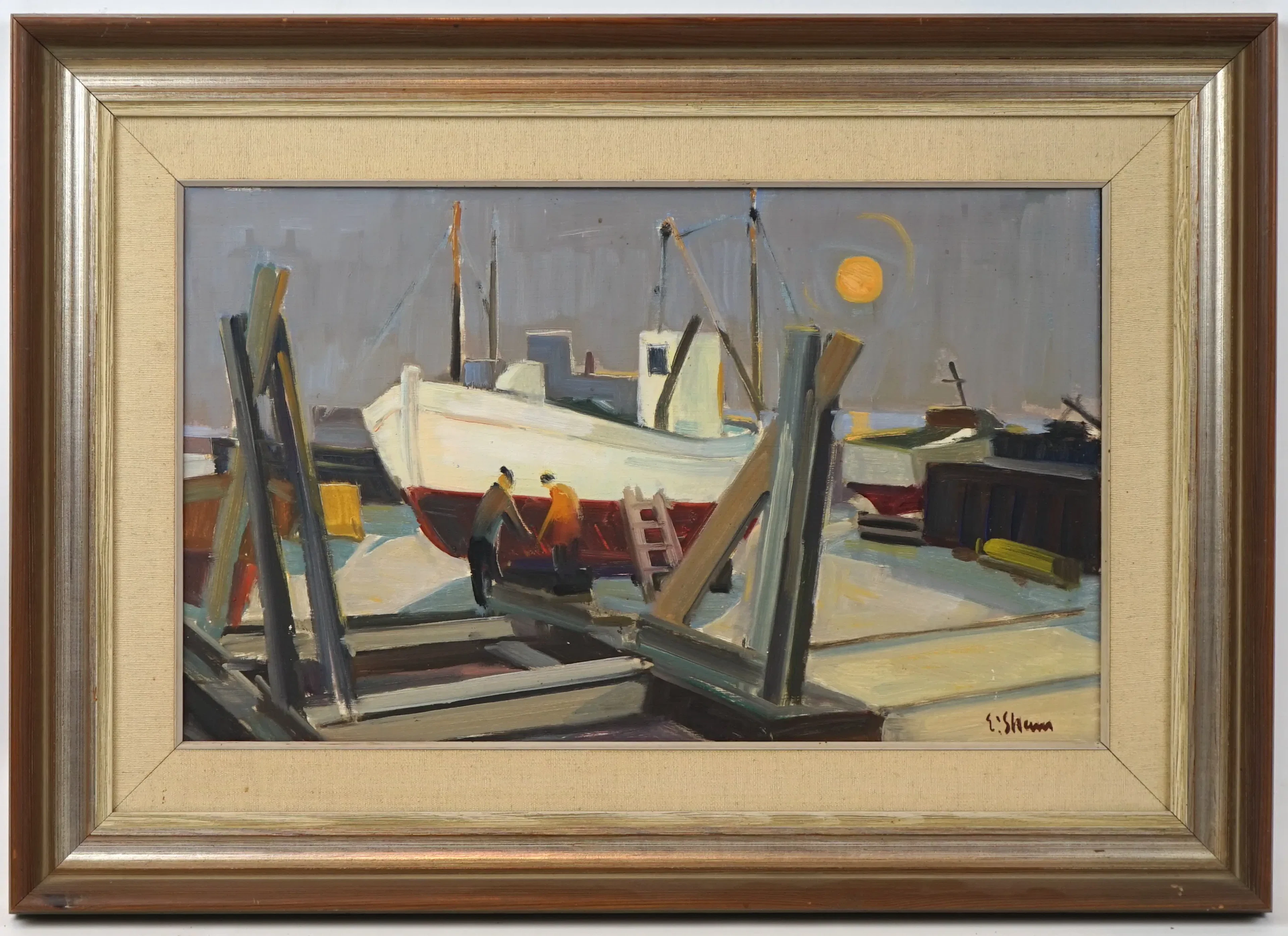Eskil Skans, ''Evening in Harbour'', oil on panel, signed.