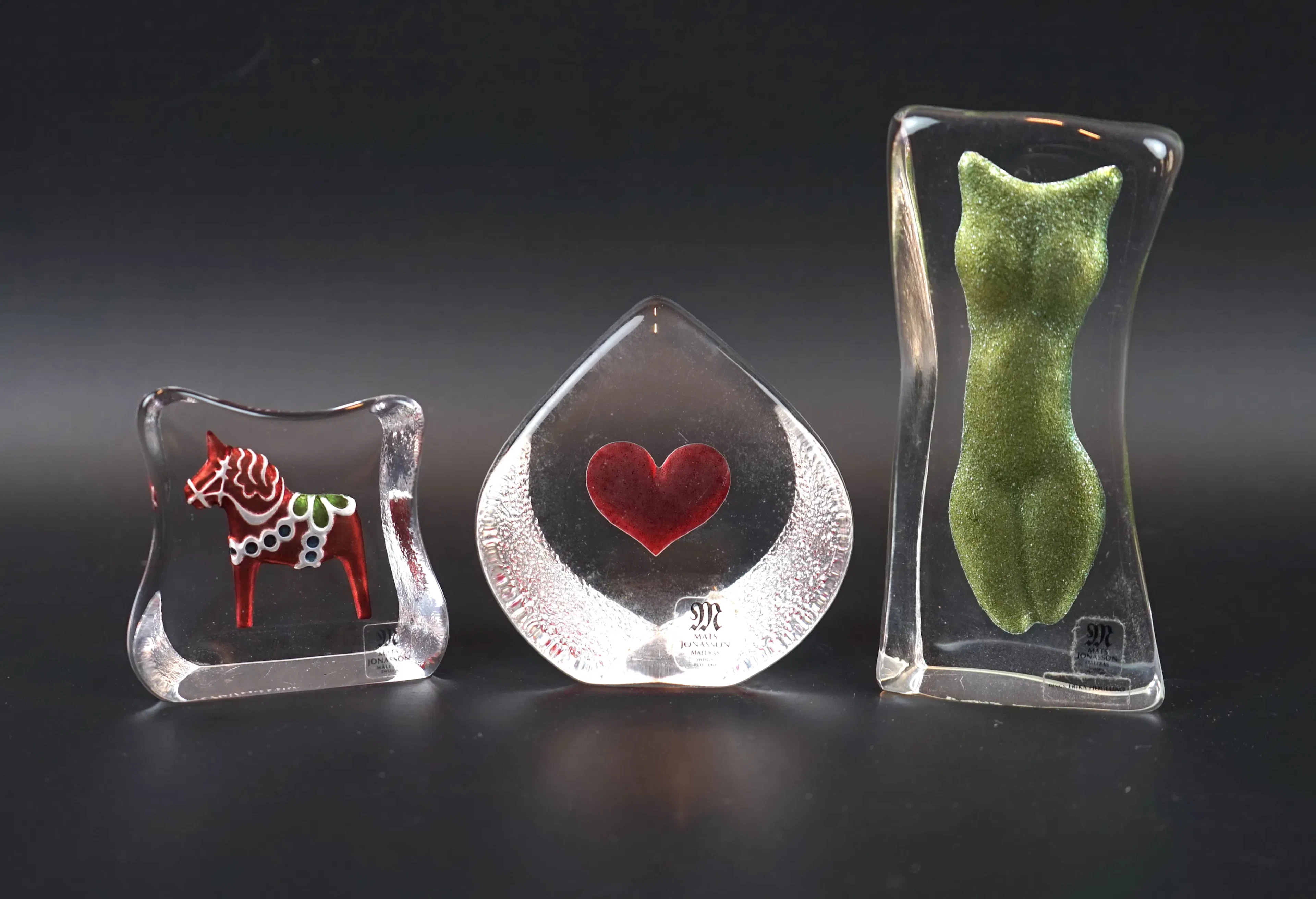 Mats Jonasson, glasskulpturer, 3 st, Målerås Glasbruk.