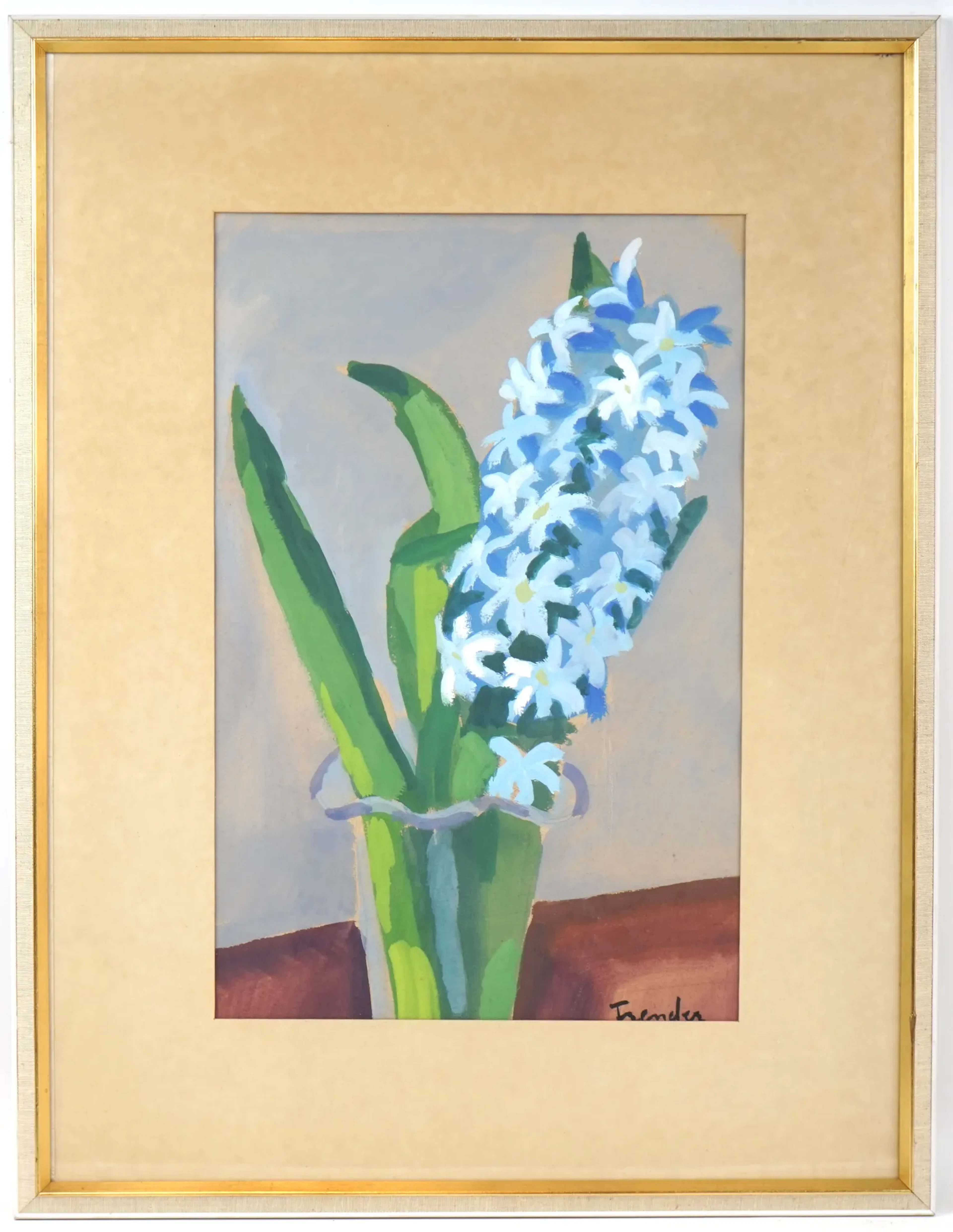 Helge Frender, stilleben, hyacinth, gouache, signerad.