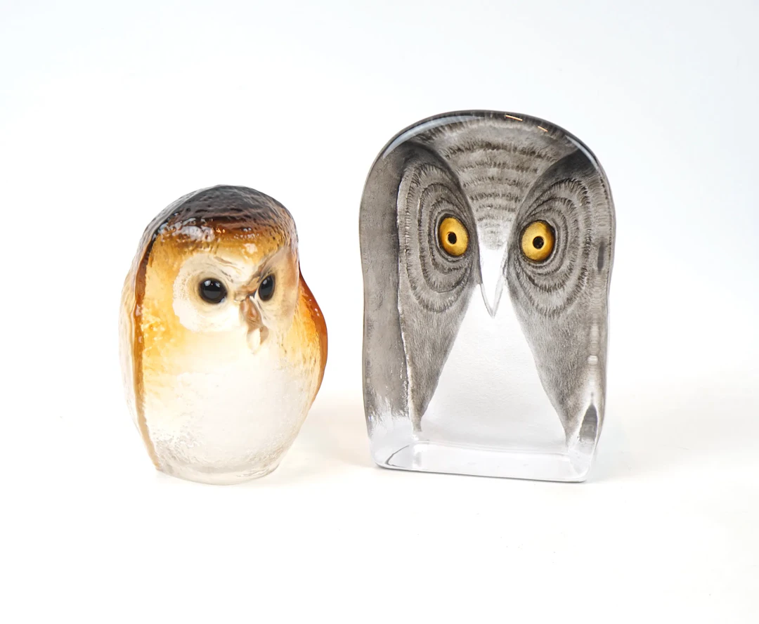 Sculture in vetro, gufi, 2 pezzi, vetro, Målerås Glassworks.