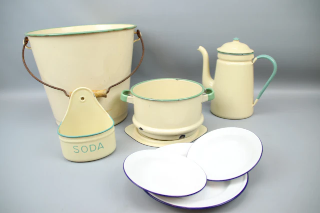 Kitchen utensils, 7 pcs, enamelled, mostly Kockums.