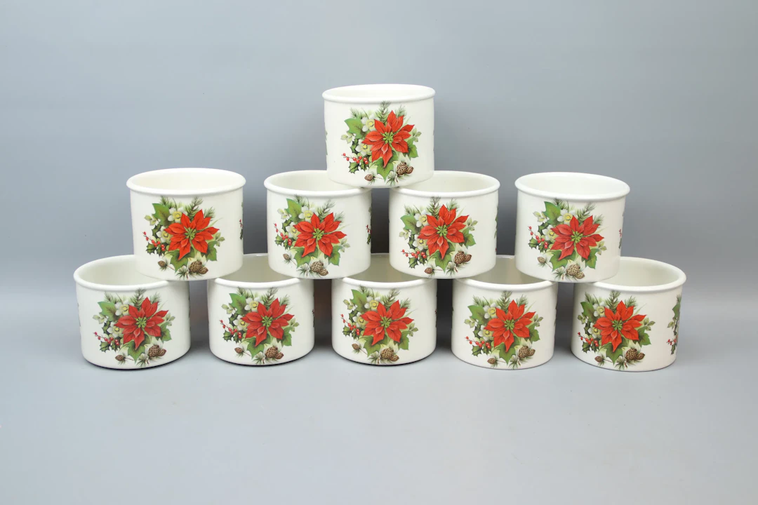 Rivestimento esterno di Natale, 10 pezzi, ceramica, Portmeirion, Inghilterra.