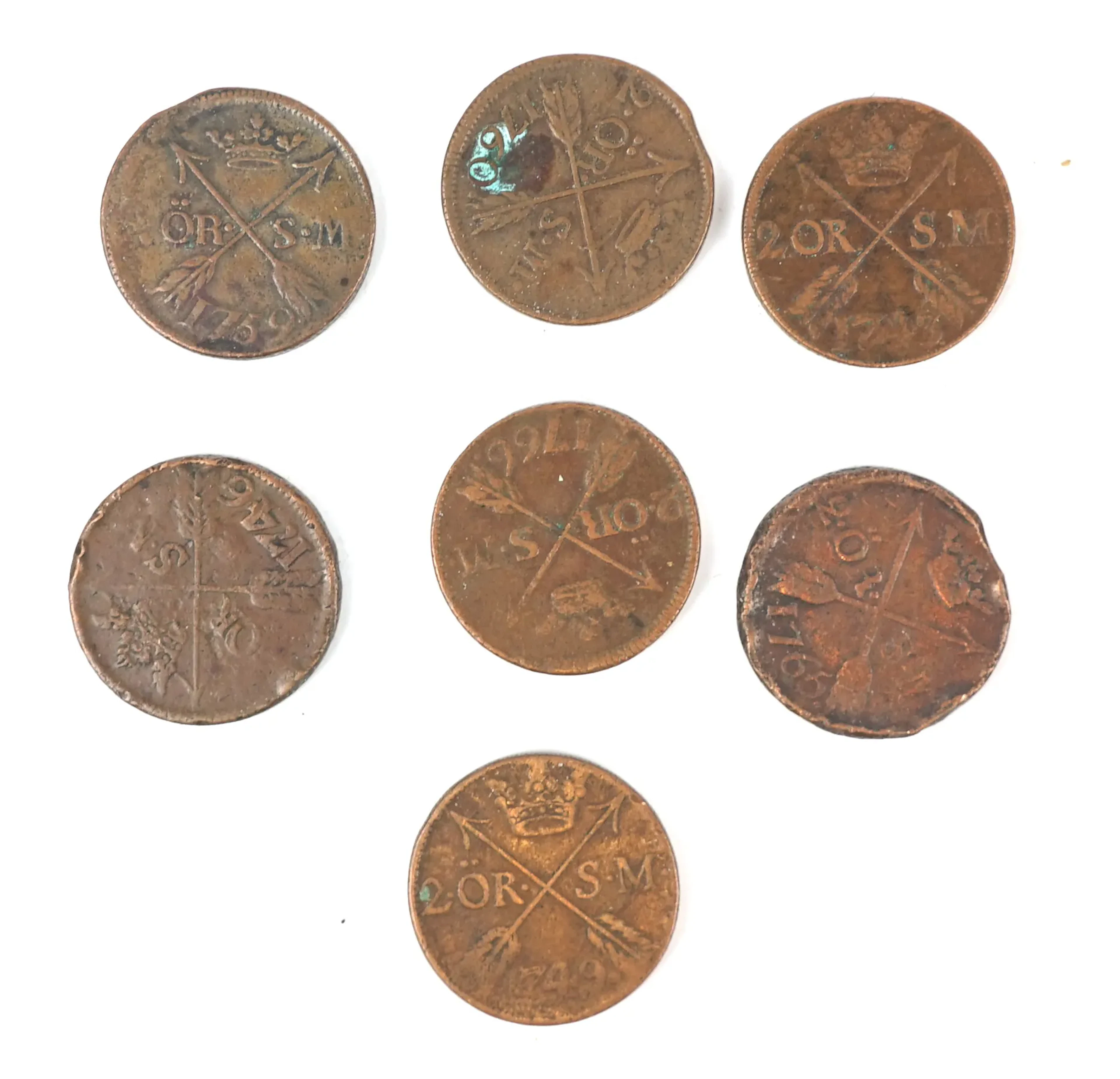 Monedas, monedas de plata de 2 öre, cobre, 7 piezas, Adolf Fredrik, siglo XVIII.