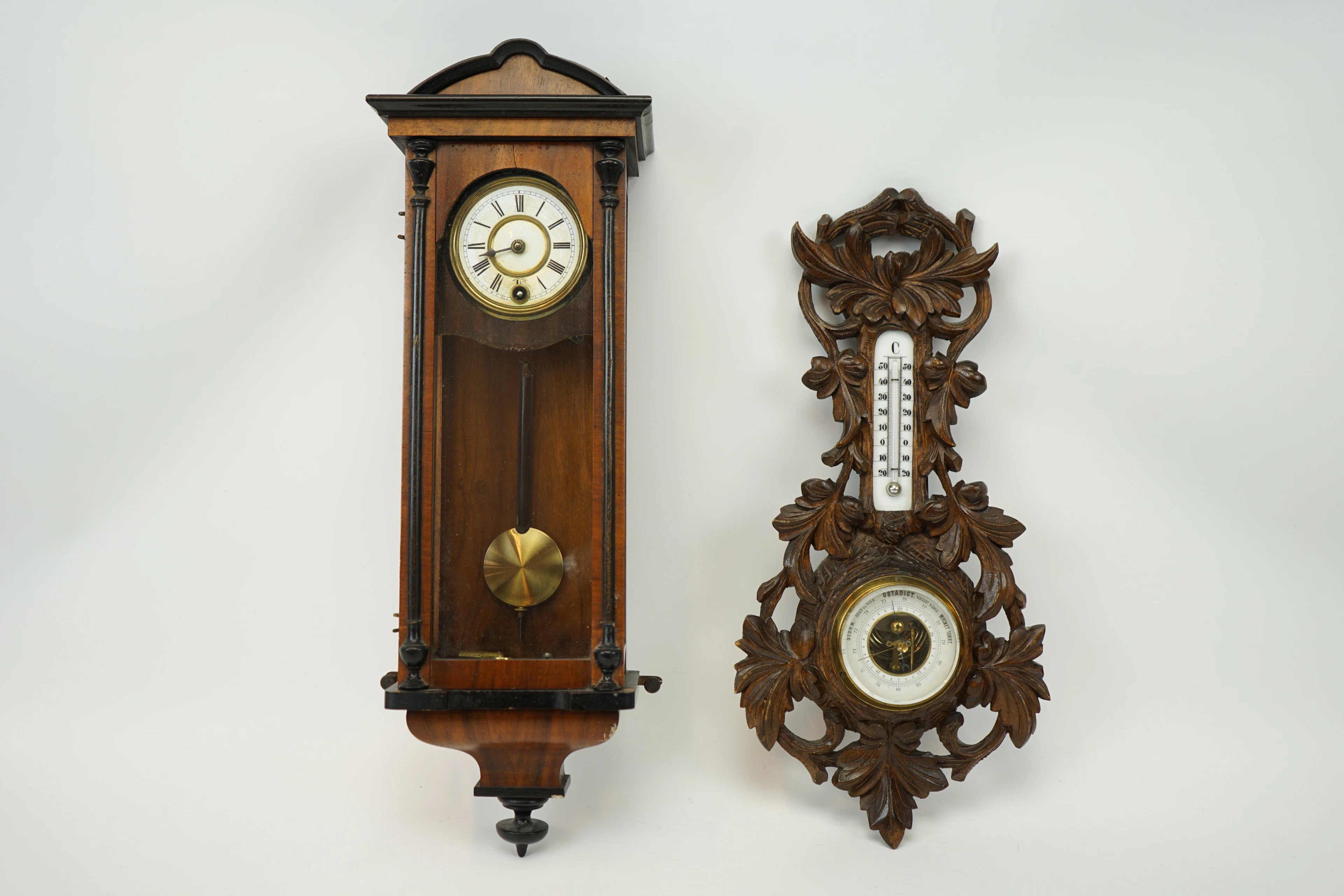 Orologio da parete e barometro, legno/vetro.