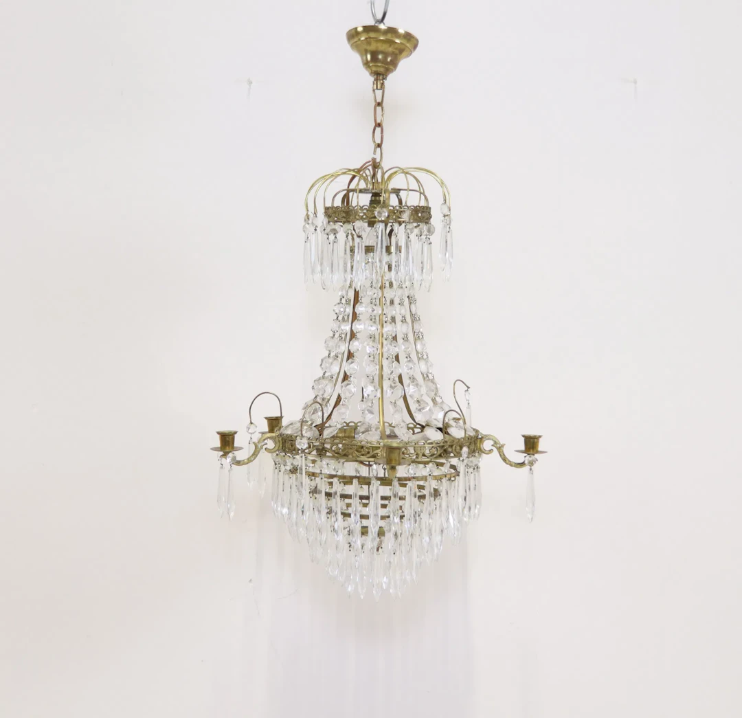 Lámpara de araña, para 5 velas, 6 puntos de luz, vidrio/metal.