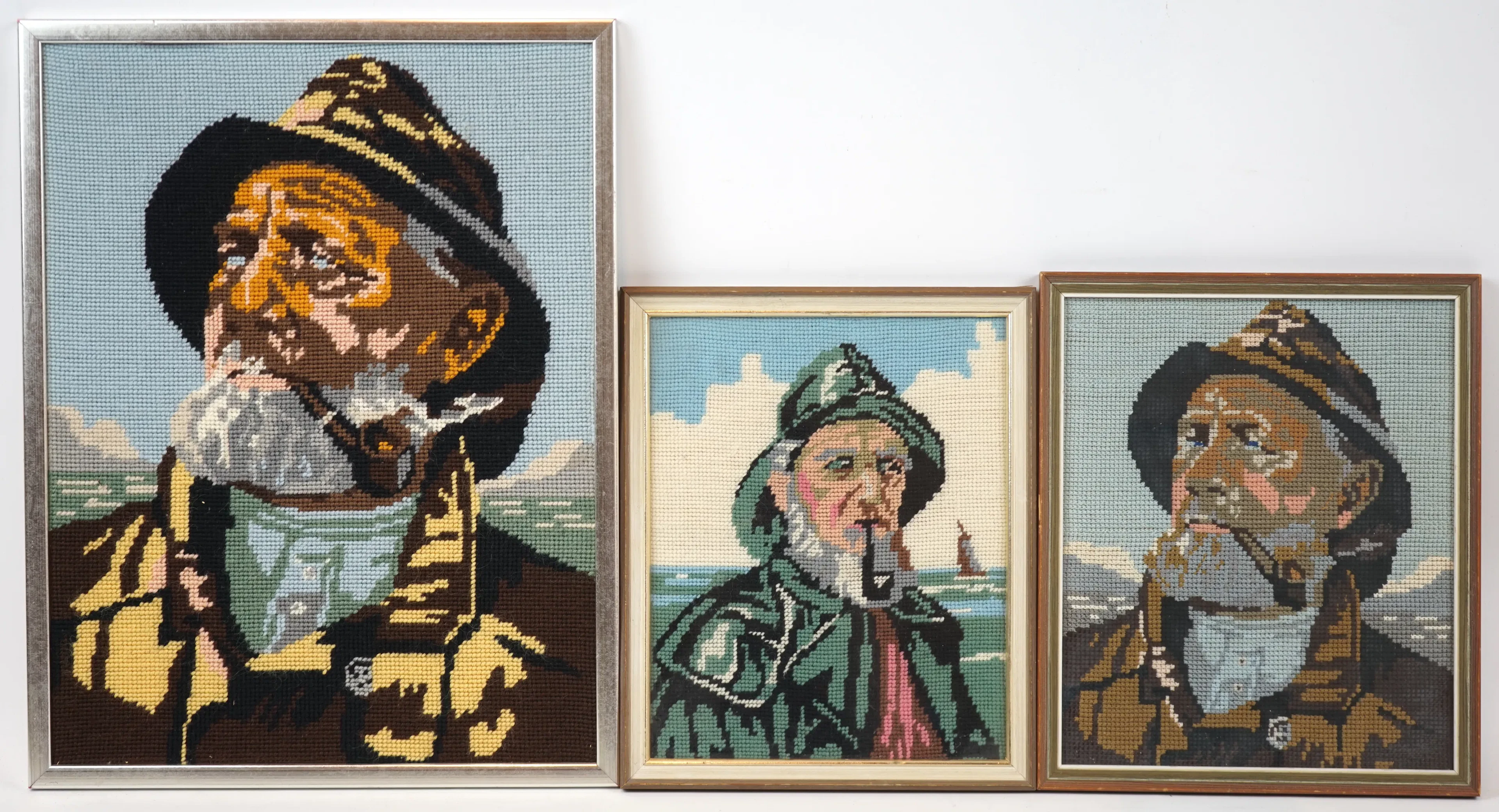 Unidentified artist, embroidered paintings, 3 pcs, unsigned.