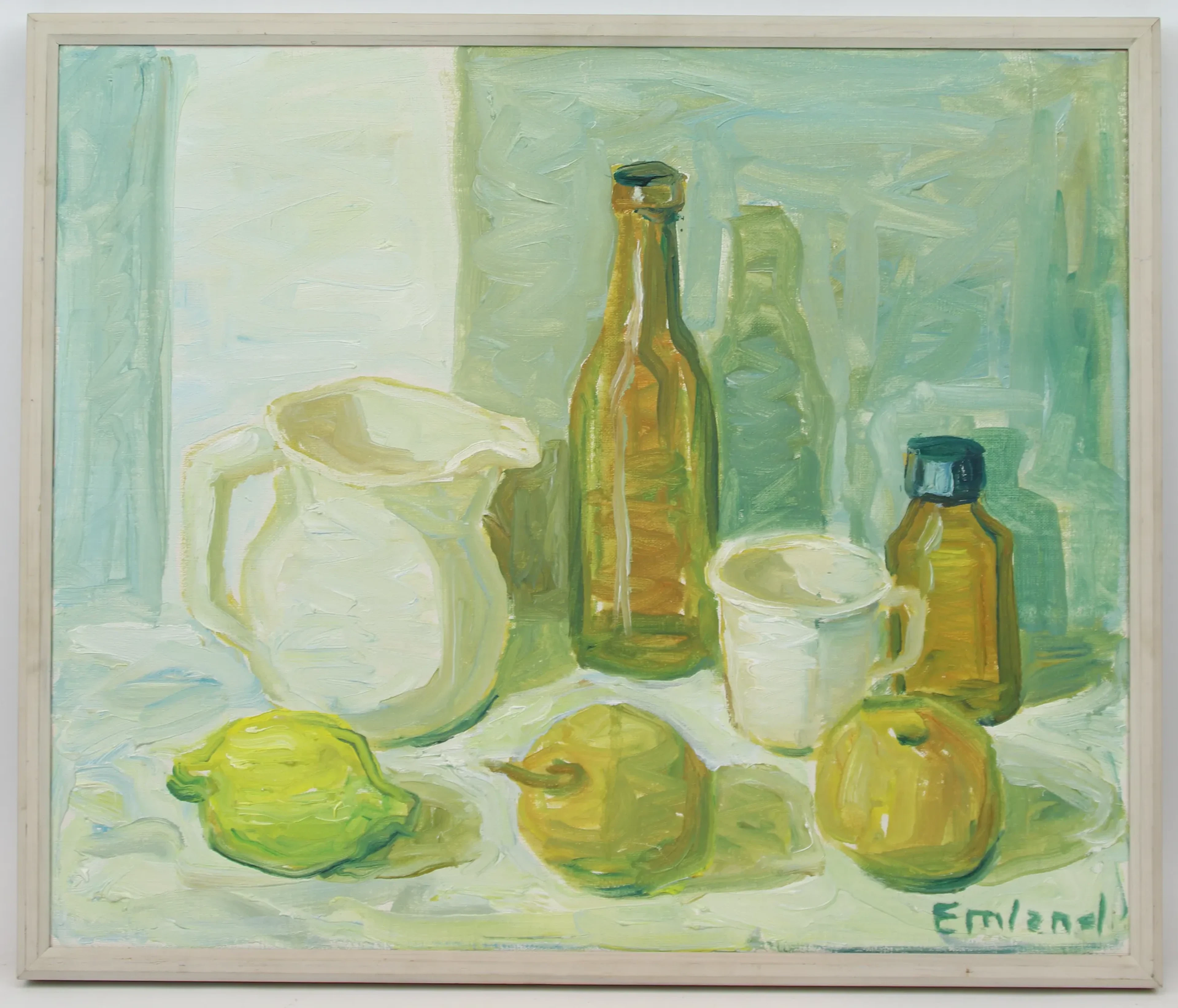 Einar Emland, "Stilleben med flaska", olja på duk, signerad.