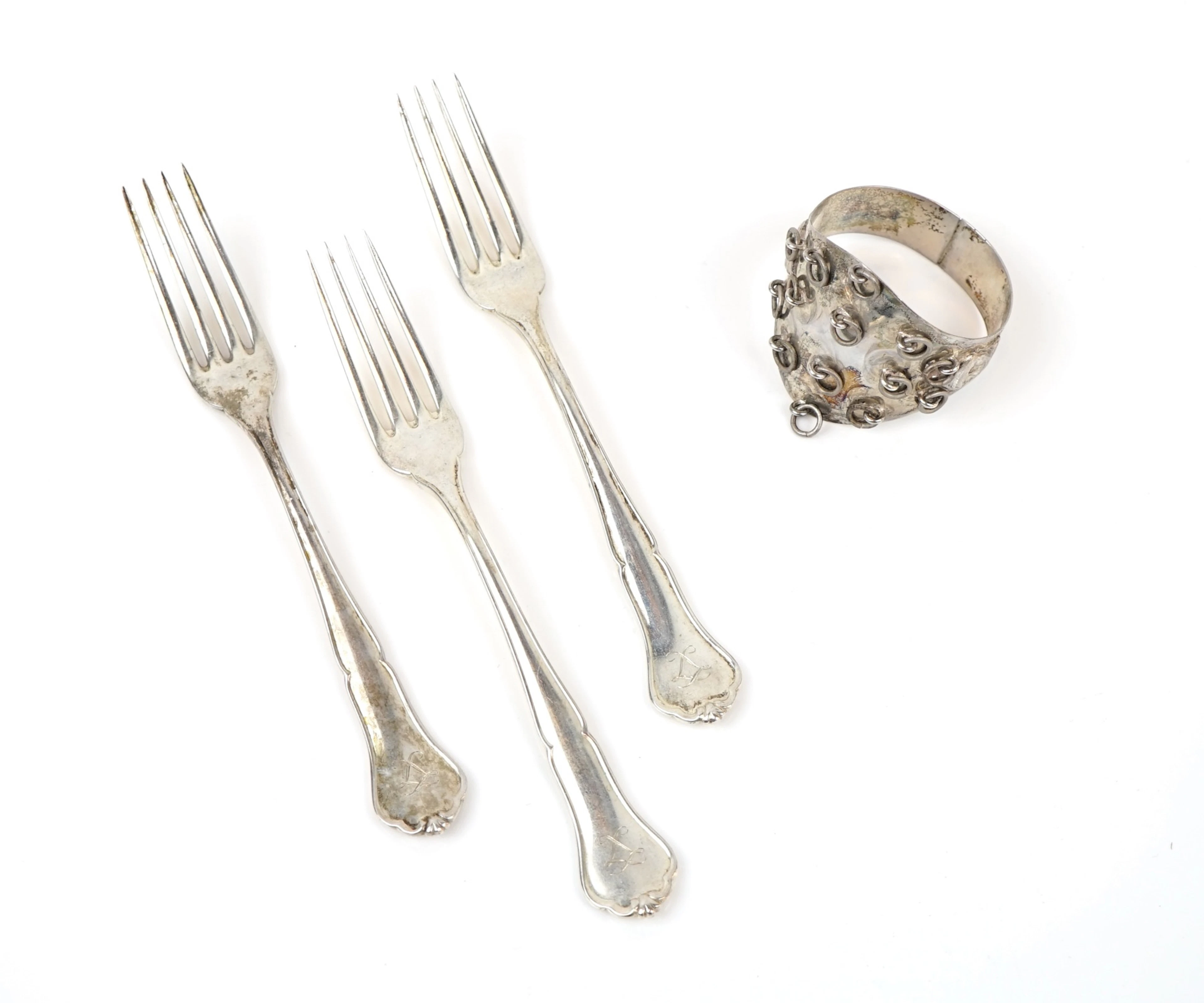 Forchette e anello per tovaglioli, 4 pezzi, argento.