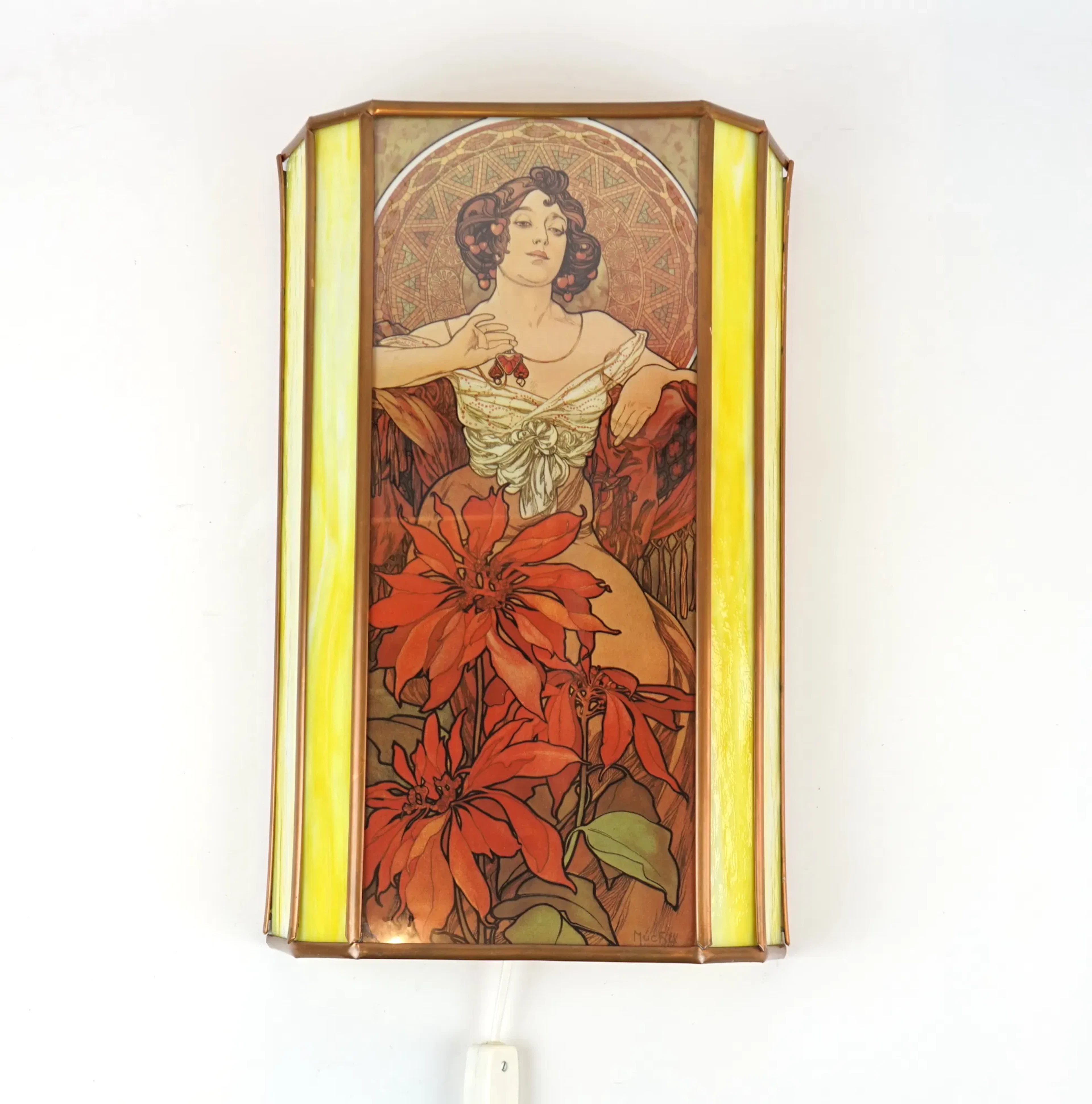 Wandlampe, mit Motiv von Alfons Mucha, Glas.