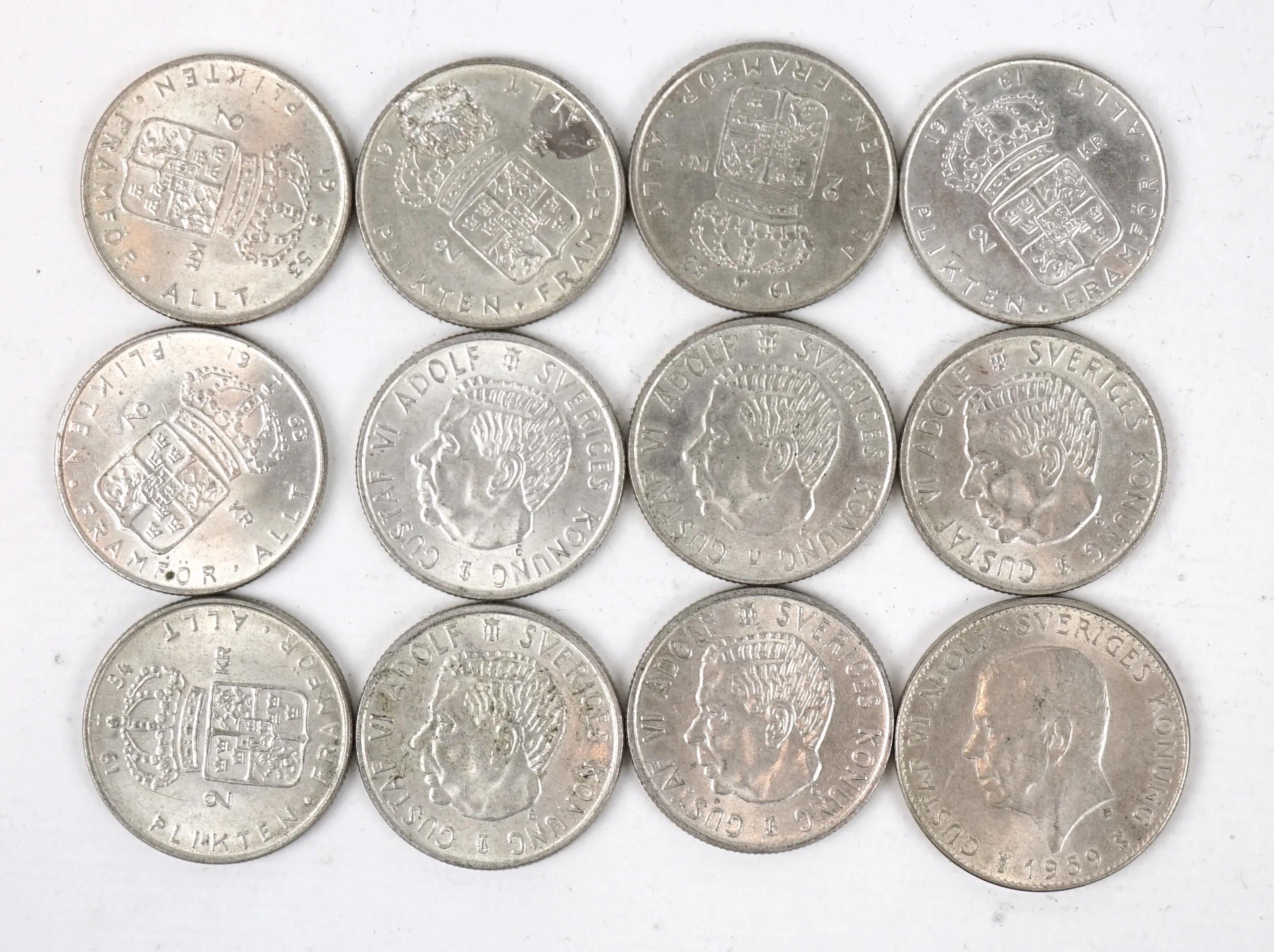 Münzen, 2-Kronen, Gustaf VI. Adolf, 11 Münzen, 1952-63, 5-Kronen, 1959.