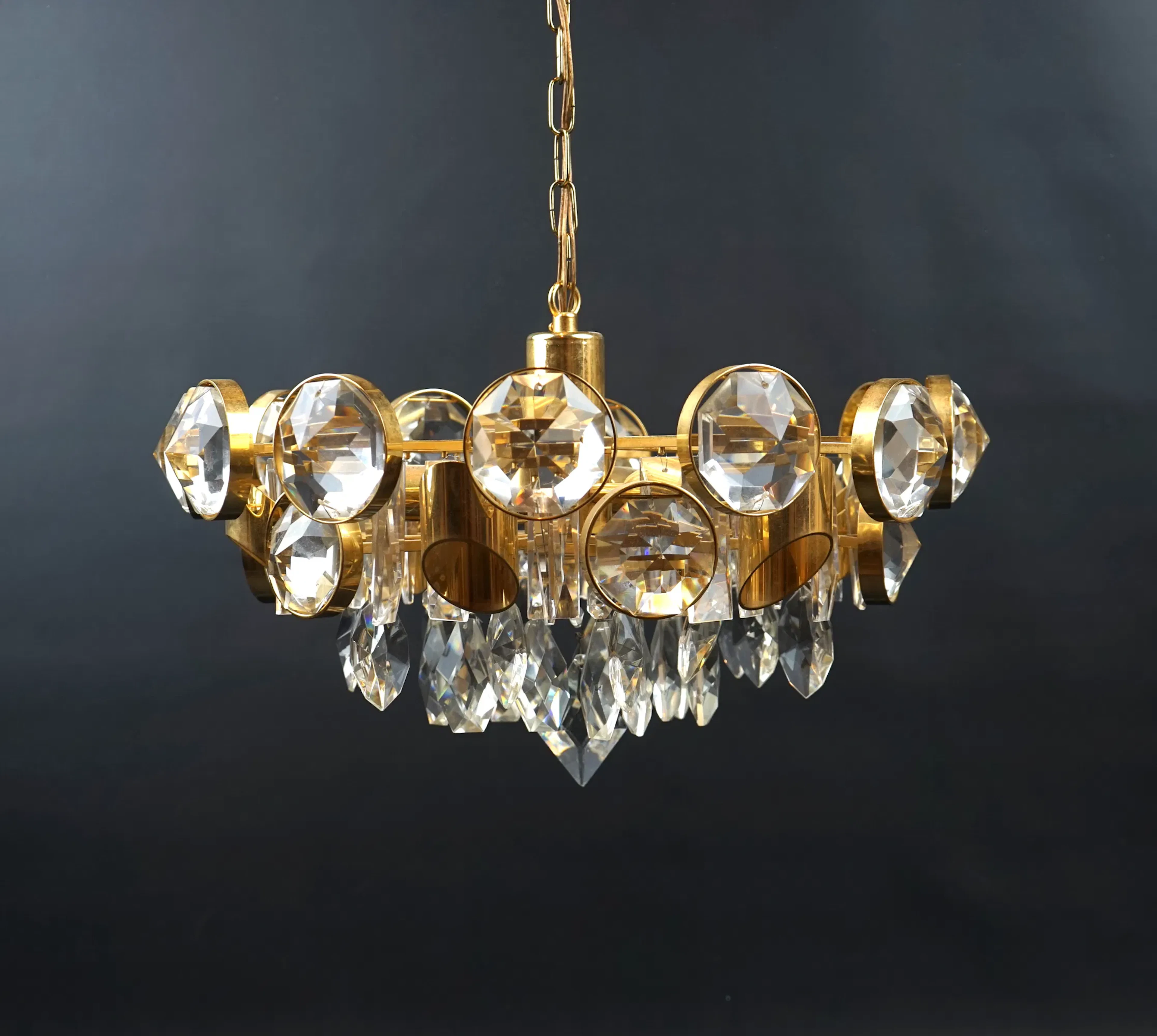 Kronleuchter, 6 Lichtpunkte, Glas/Messing.