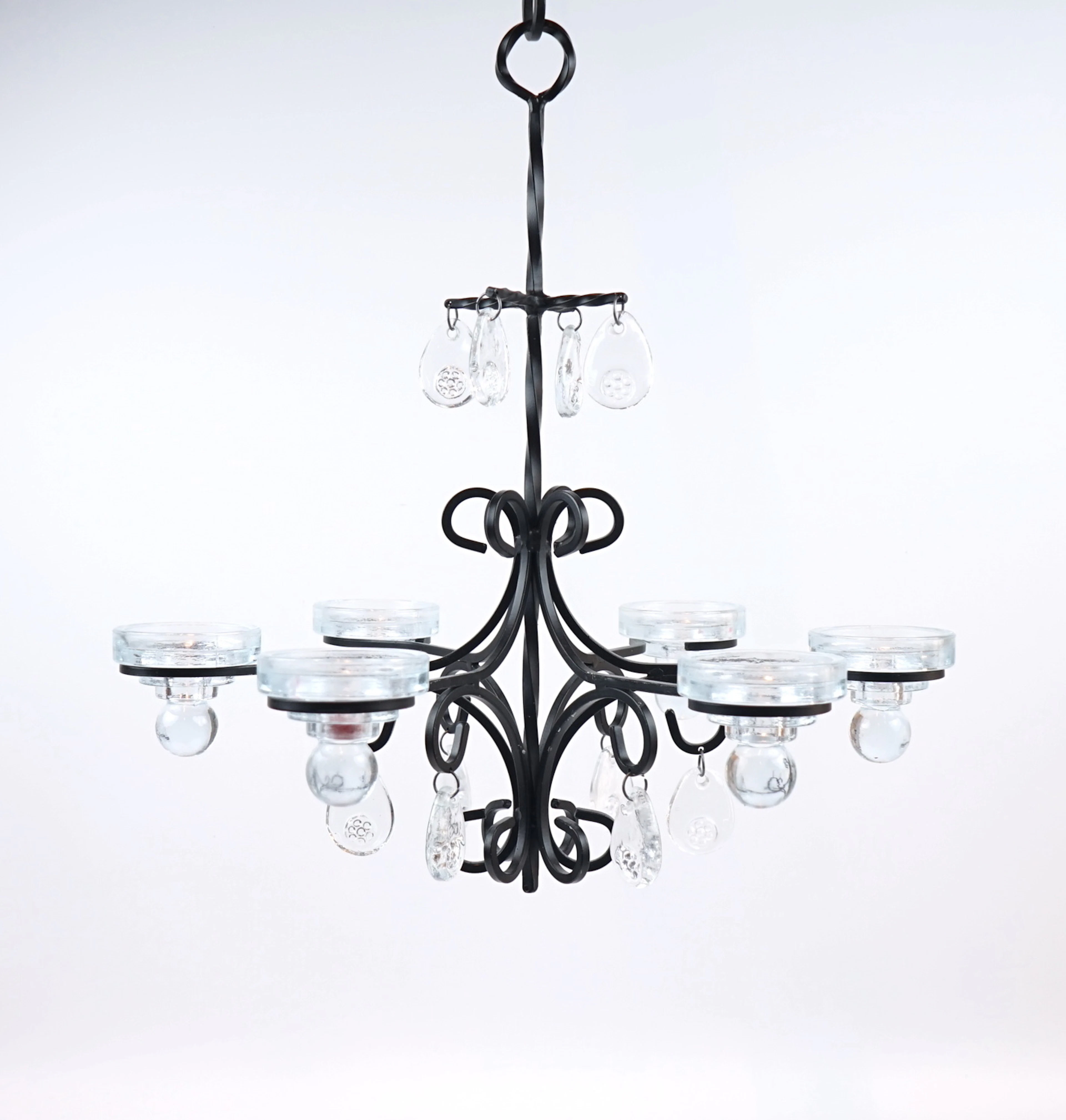 Lampadario, per 6 candele, ferro battuto/vetro.