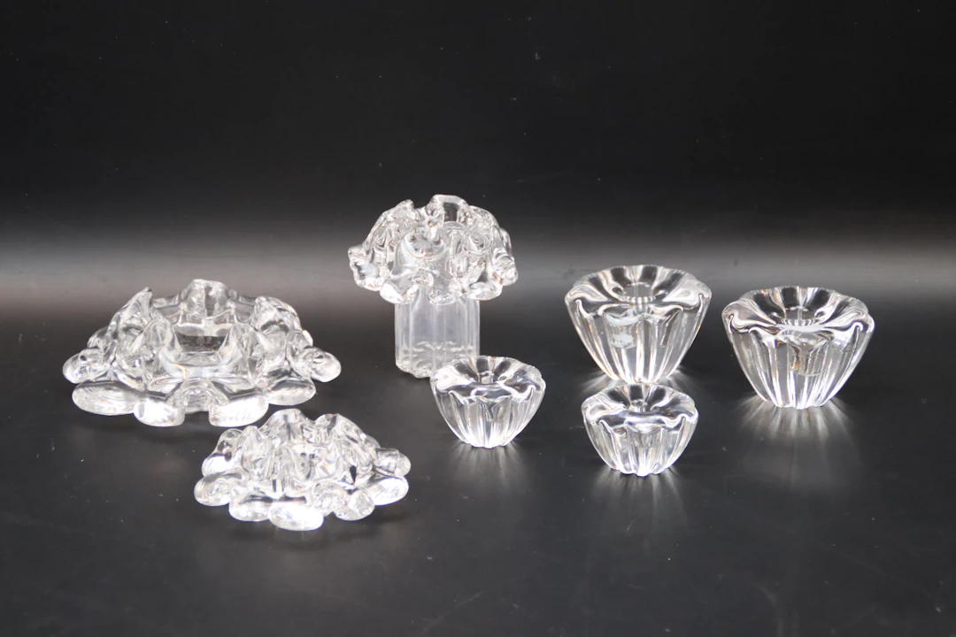 Candelabros, 7 piezas, cristal, Orrefors, Göran Wärff y Sven Palmqvist.
