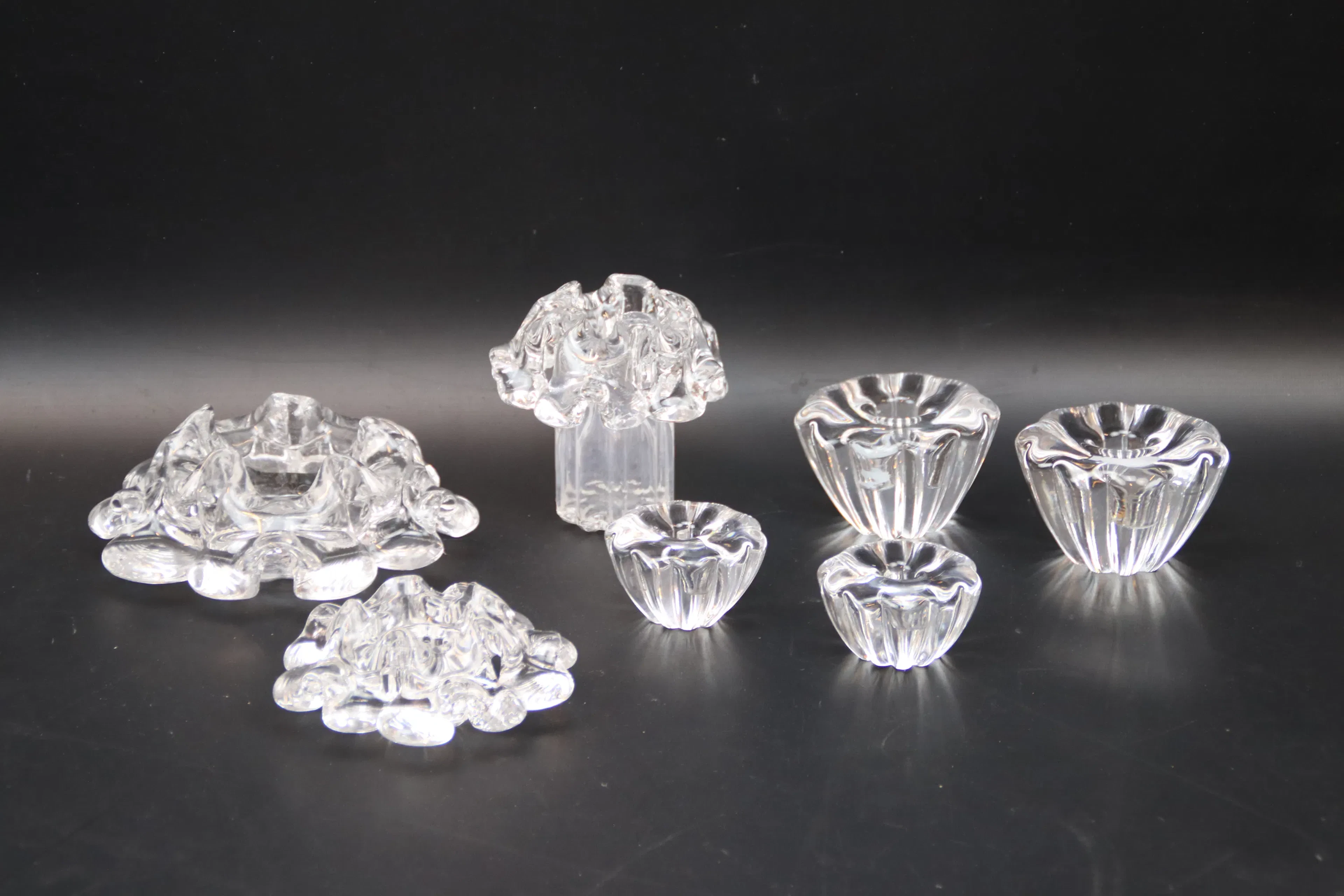 Candelabros, 7 piezas, cristal, Orrefors, Göran Wärff y Sven Palmqvist.
