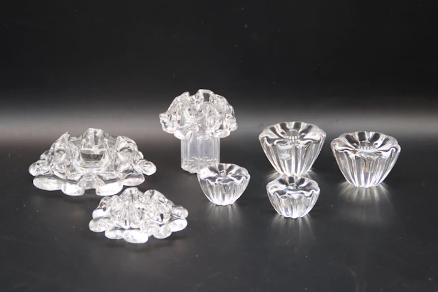 Candlesticks, 7 pieces, glass, Orrefors, Göran Wärff and Sven Palmqvist.