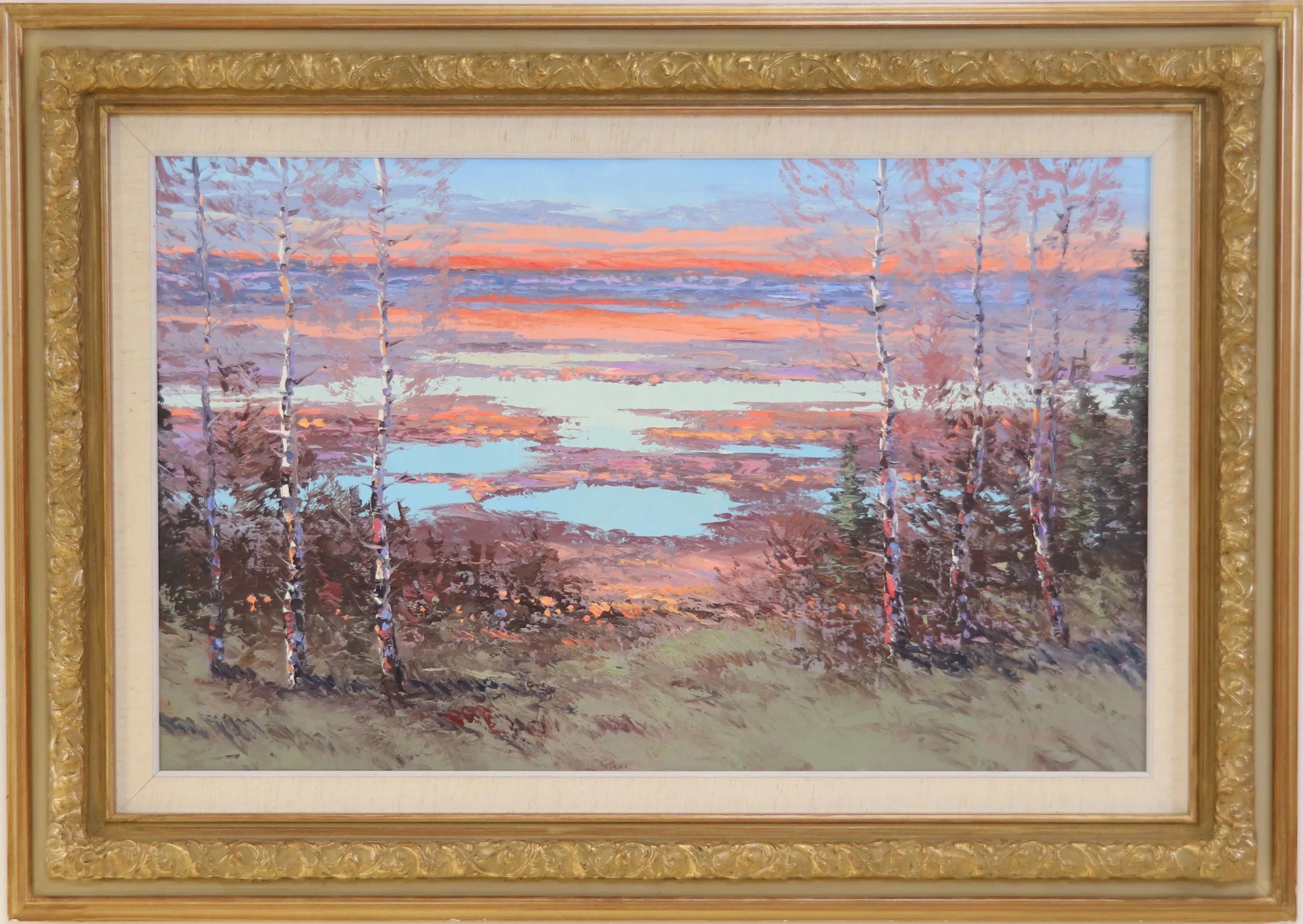 Artista non identificato, "Tramonto presso l'acqua del castoro", olio su tela.