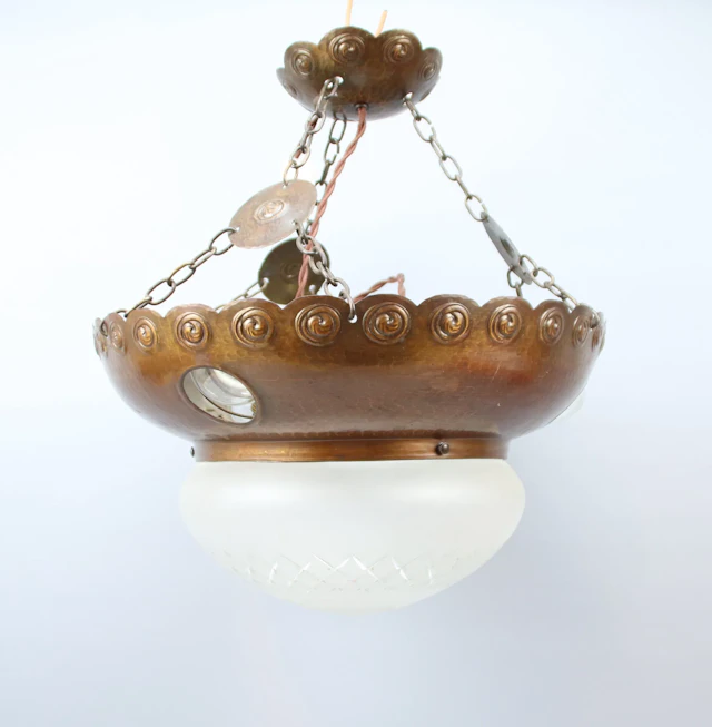 Ceiling lamp, glass, copper, 4 light points.