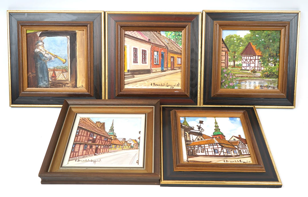Carin Brandels Engqvist, motivo di Ystad, olio su tavola, 5 pezzi, firmato.