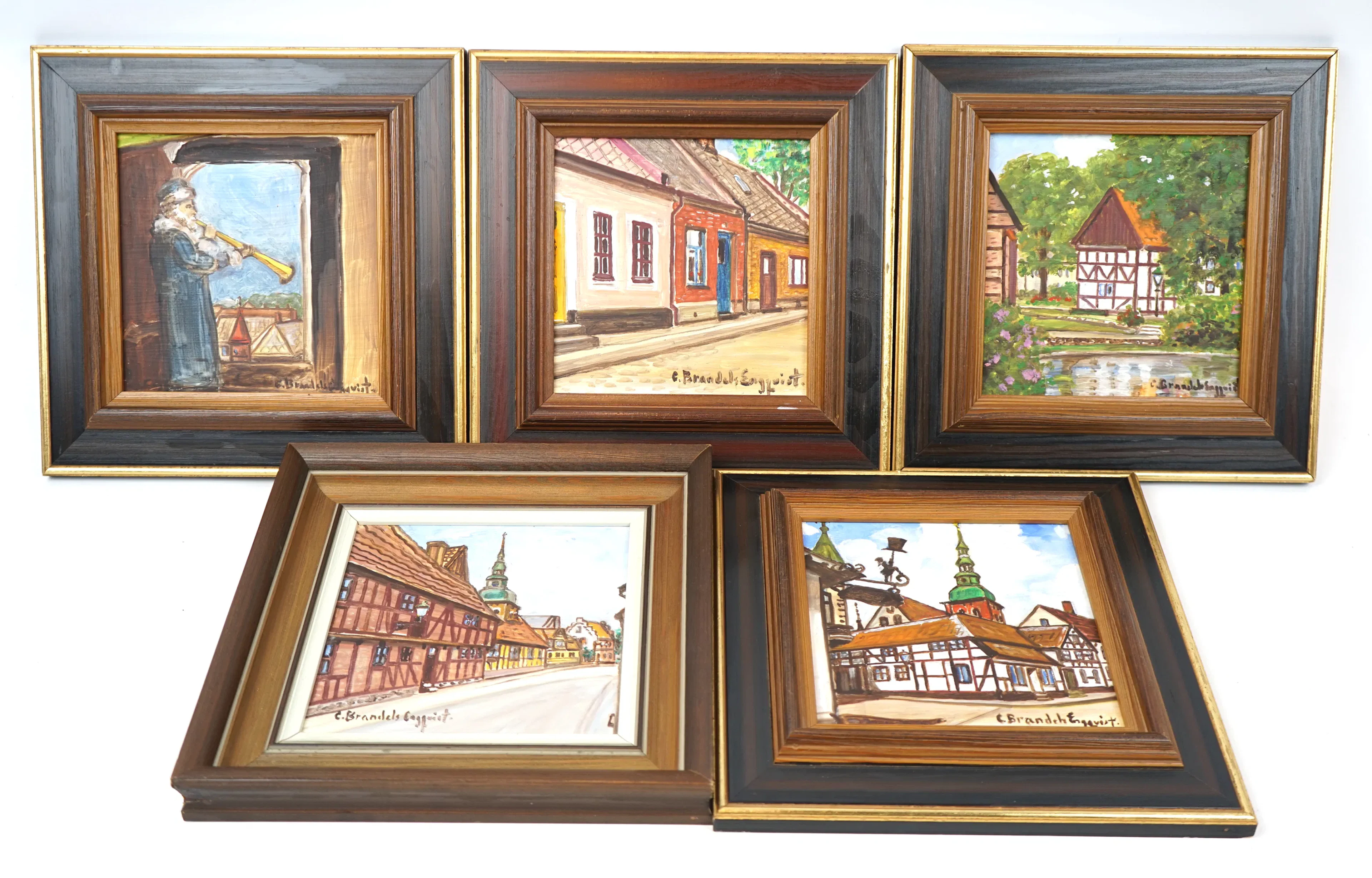 Carin Brandels Engqvist, motivo di Ystad, olio su tavola, 5 pezzi, firmato.